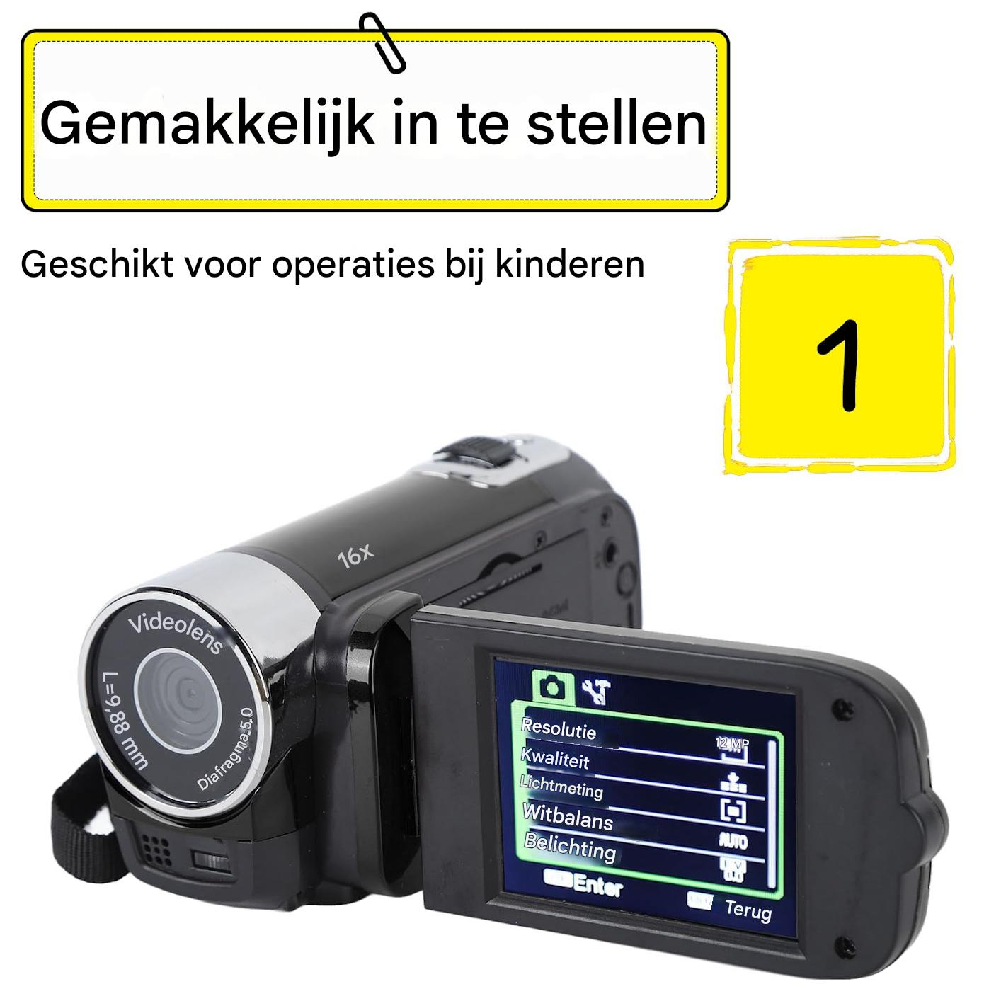 Eine schwarze Videokamera mit ausklappbarem Display und Menüanzeige.