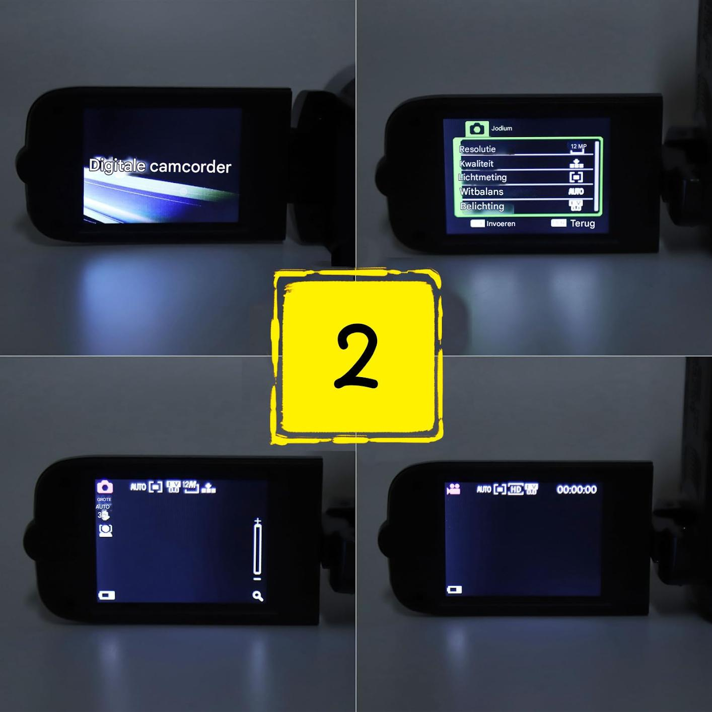 Vier separate Ansichten des LCD-Bildschirms einer Digitalkamera mit verschiedenen Menüs und Einstellungen.