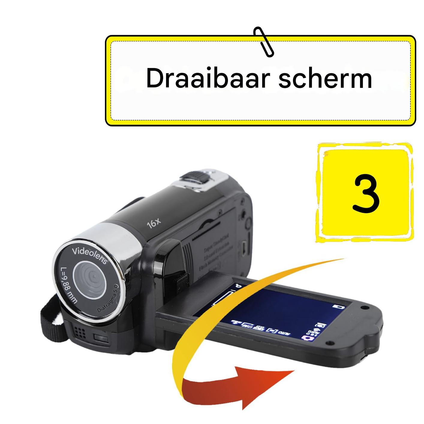 Eine schwarze Videokamera mit ausklappbarem Bildschirm und der Nummer 3 in einem gelben Feld.