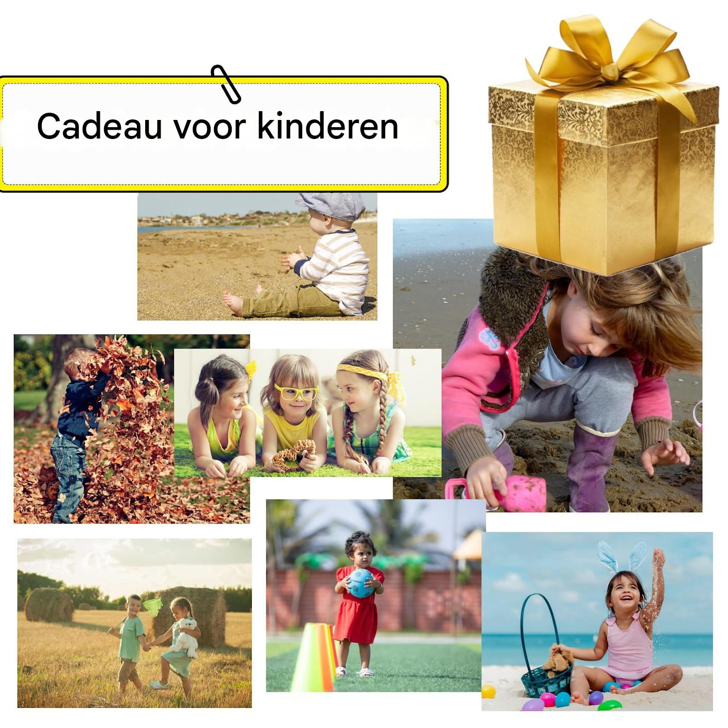 Collage von spielenden Kindern und ein goldenes Geschenk.