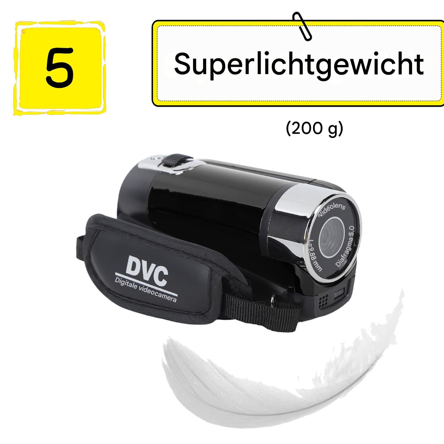Eine schwarze DVC-Videokamera mit Handschlaufe, neben einer weißen Feder, mit deutschem Text oben.