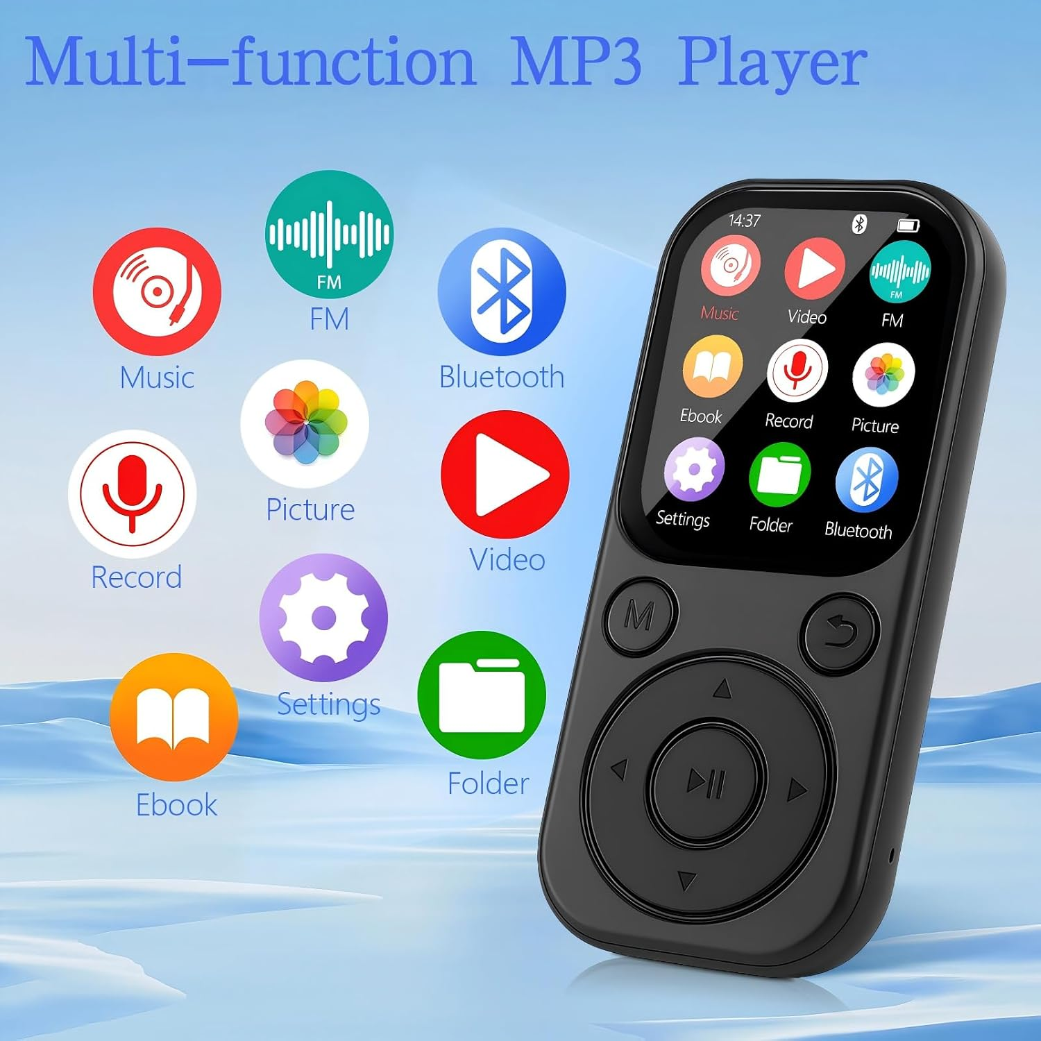 Ein schwarzer Multifunktions-MP3-Player mit bunten Funktionssymbolen auf blauem Hintergrund.