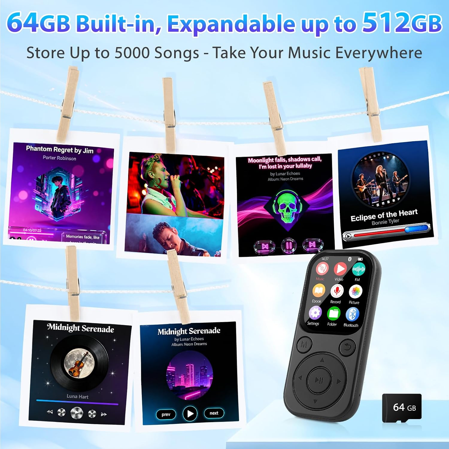 MP3-Player mit Musikwiedergabe, Albumcovern an einer Wäscheleine und 64GB Speicher.