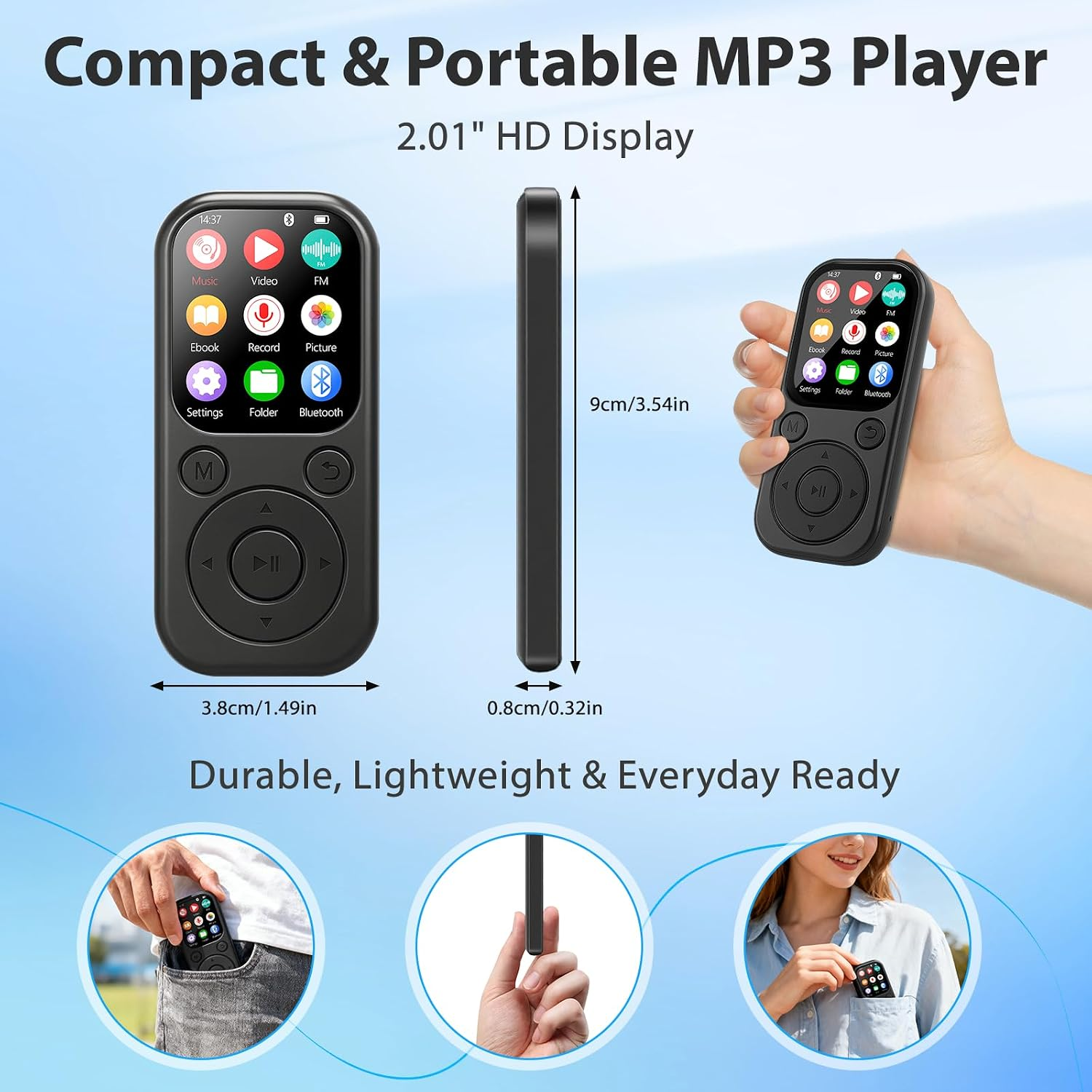Kompakter MP3-Player mit Abmessungen, Display und drei Bildern, die ihn in der Hand und in Taschen zeigen.