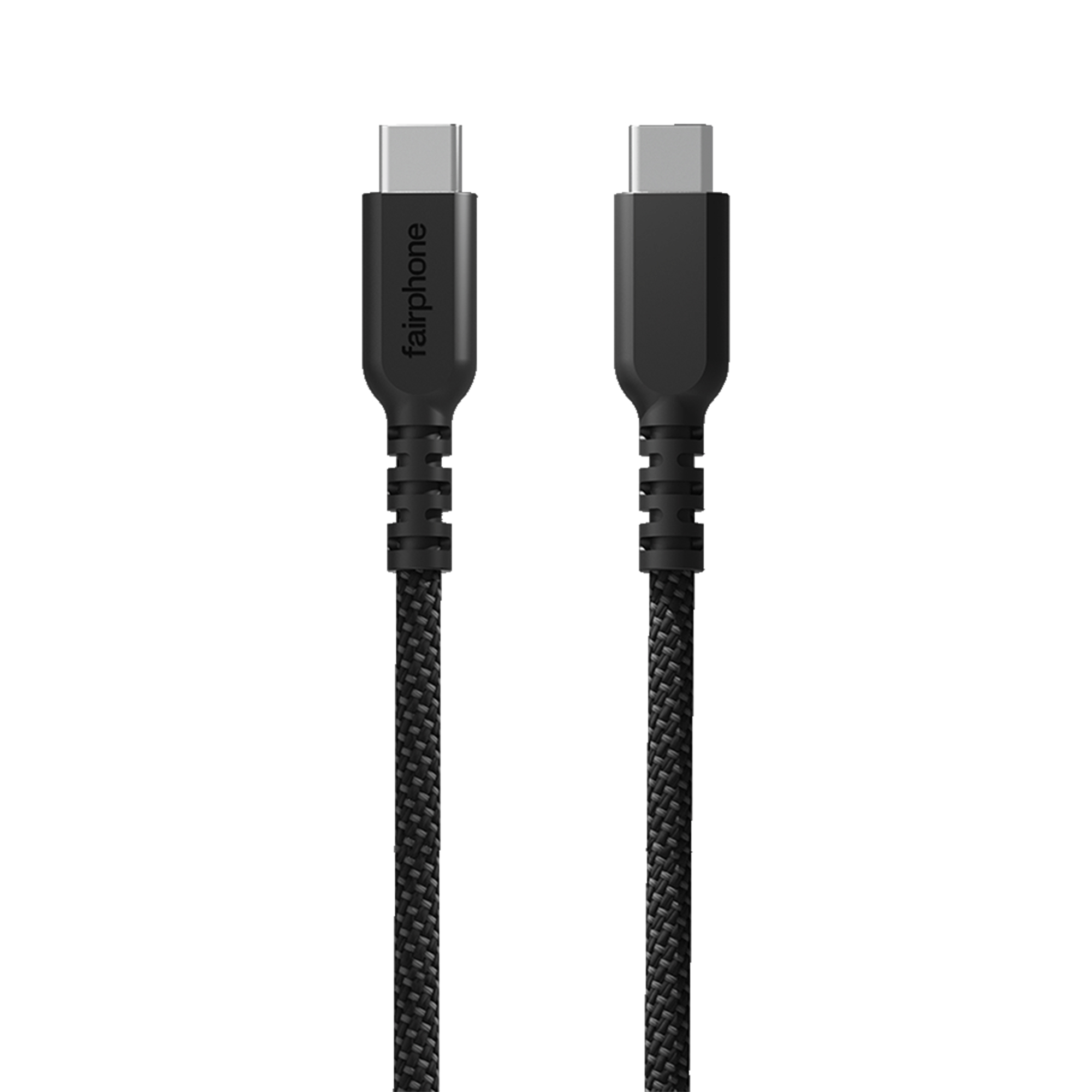 Zwei schwarze USB-C-Kabel mit geflochtenen Schnüren und dem Fairphone-Logo auf einem Stecker vor weißem Hintergrund.