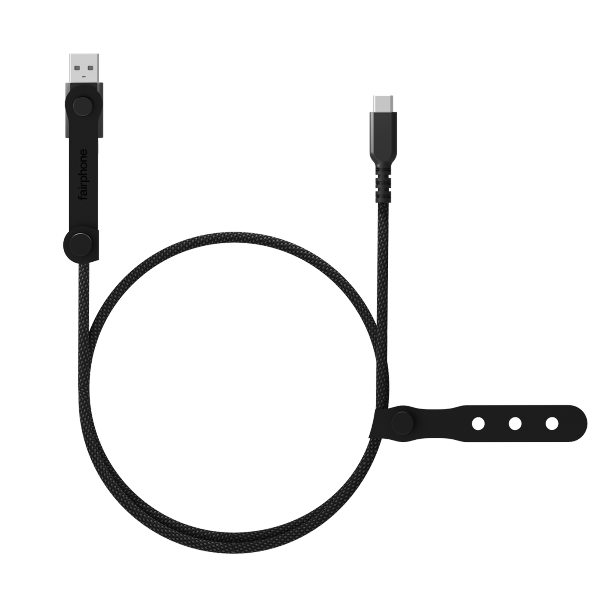 Ein schwarzes Fairphone-USB-Kabel mit Stecker und Lasche auf weißem Hintergrund.