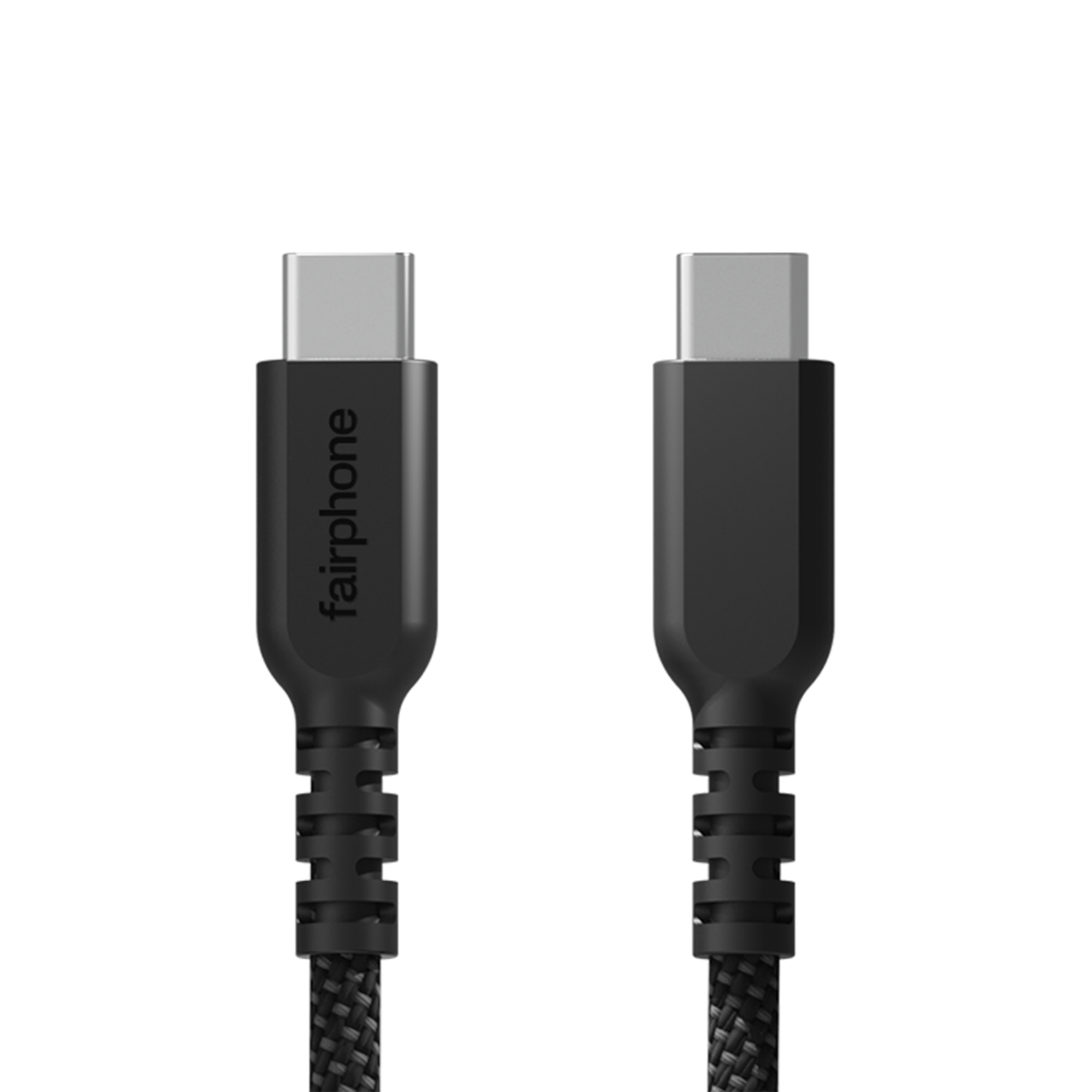 Zwei schwarze USB-C-Kabel mit grauen Steckern, eines mit Fairphone-Aufschrift auf weißem Hintergrund.