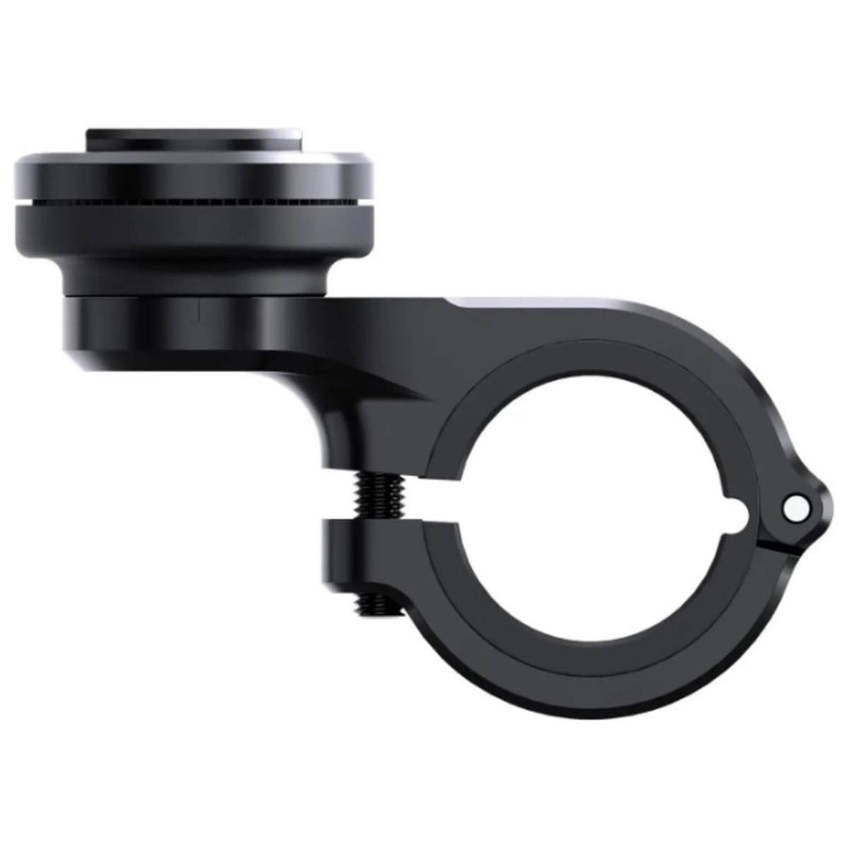 Schwarze Lenkerhalterung aus Metall mit runder Schelle und integrierter runder Basis.