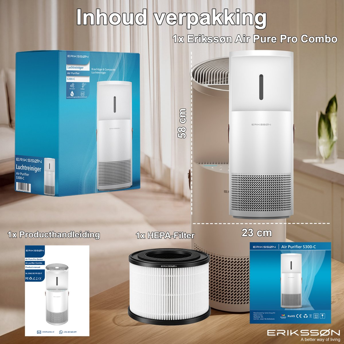 Eriksson Air Pure Pro Combo Verpackungsinhalt mit Luftreiniger, Karton, Anleitung und HEPA-Filter.