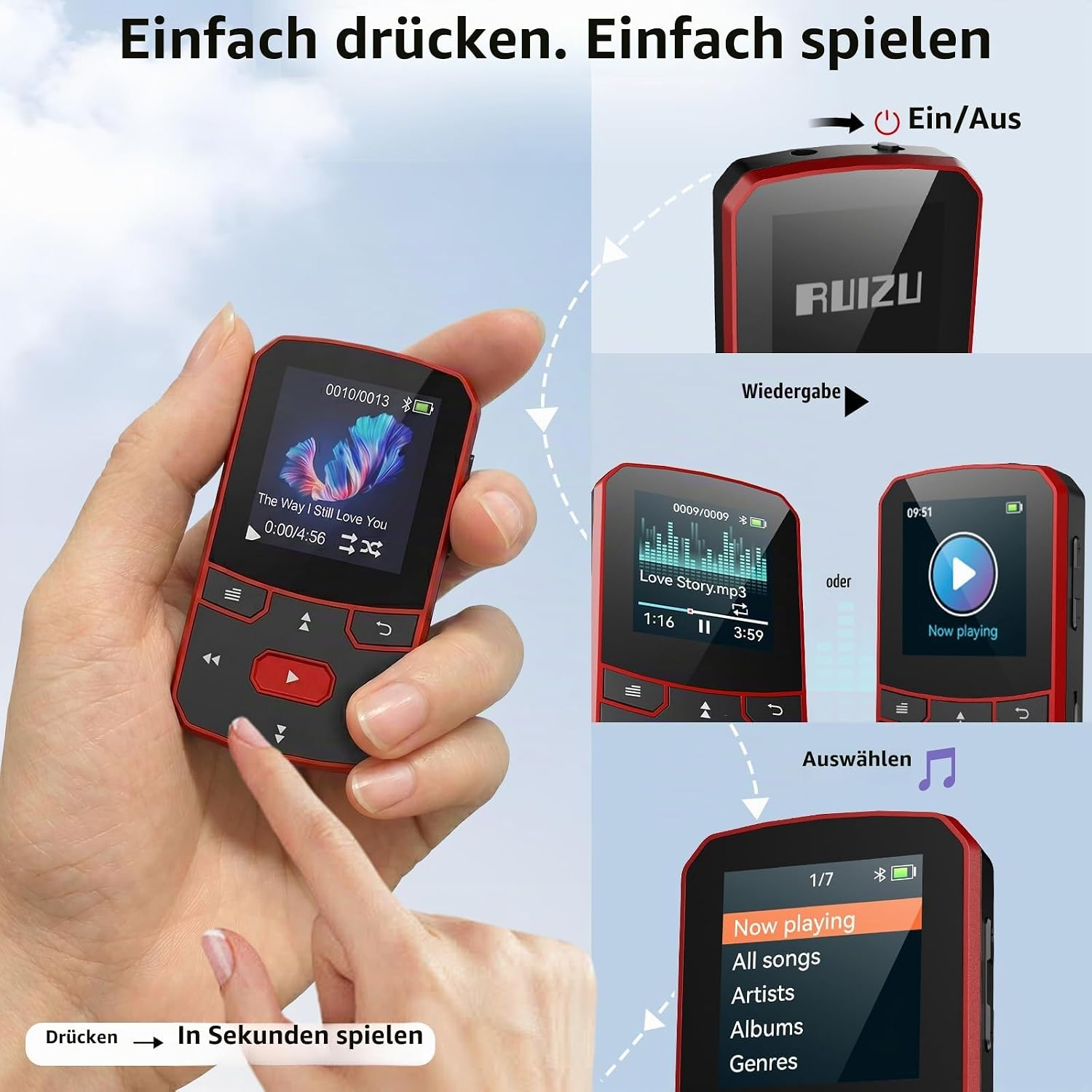 Eine Hand hält einen roten MP3-Player und zeigt dessen Bedienung vor einem blauen Himmel.