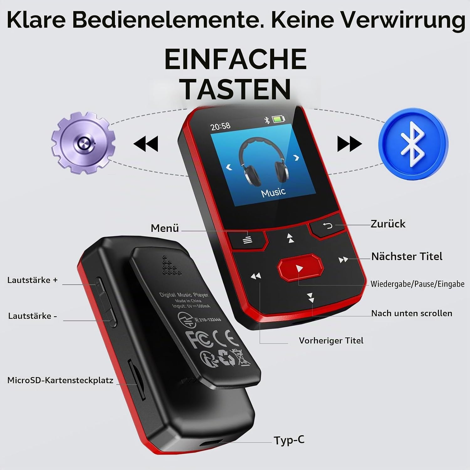 Ein MP3-Player mit Clip, Bildschirm und Tasten, mit deutschen Funktionsbeschriftungen.