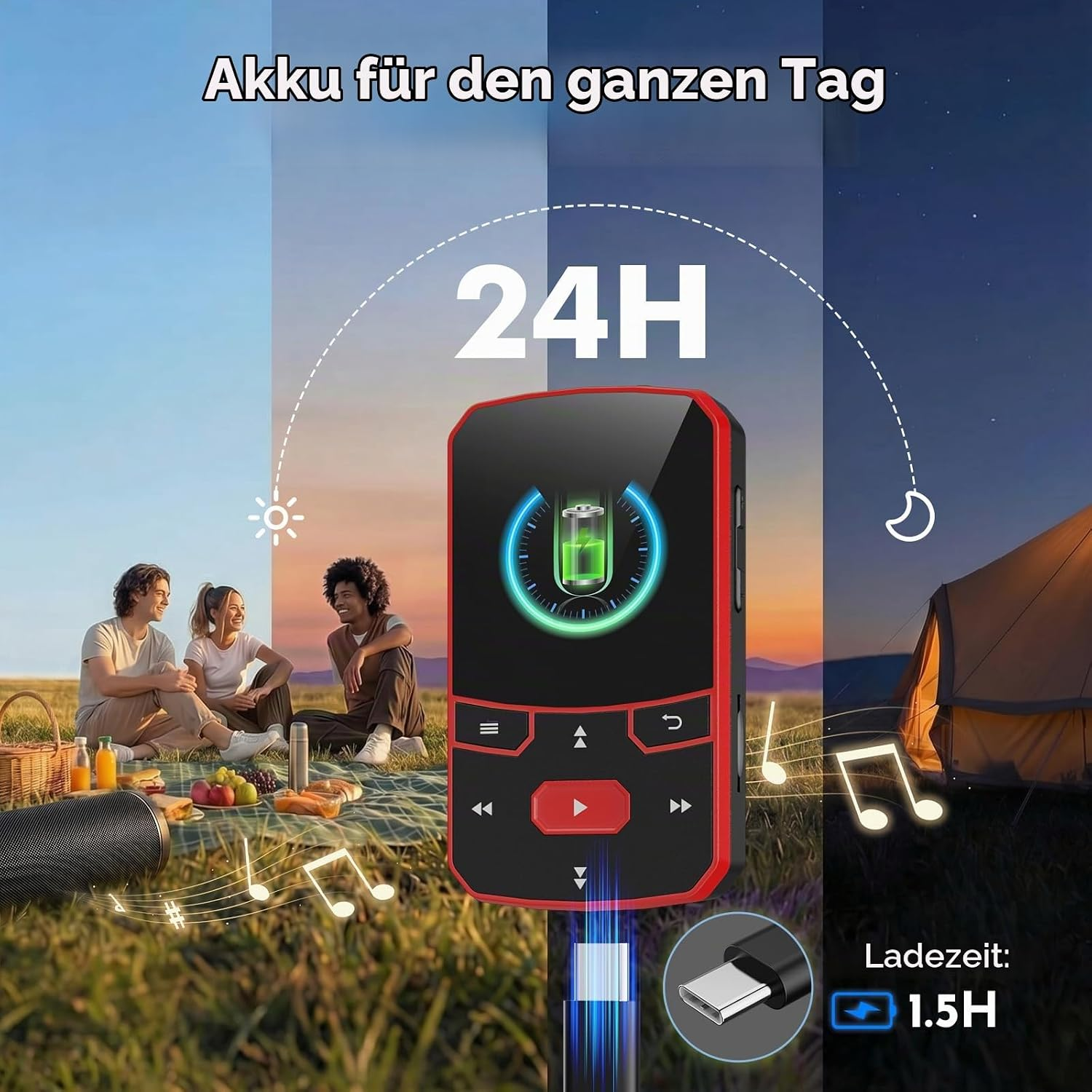 Ein roter MP3-Player mit 24h Akkulaufzeit und 1.5h Ladezeit, davor picknickende Personen.