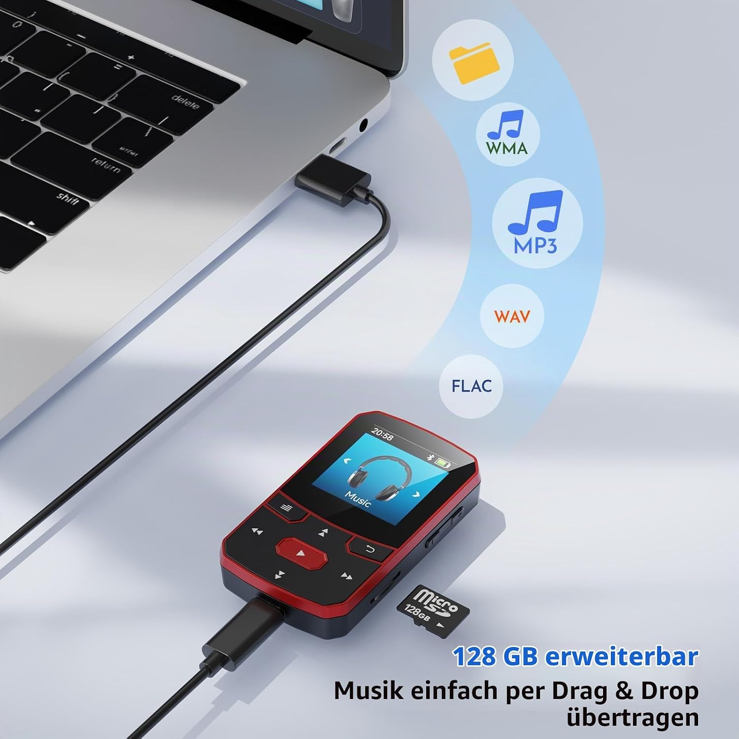 Ein roter MP3-Player ist über USB mit einem Laptop verbunden, mit Symbolen für Dateiübertragung und Micro-SD-Karte.