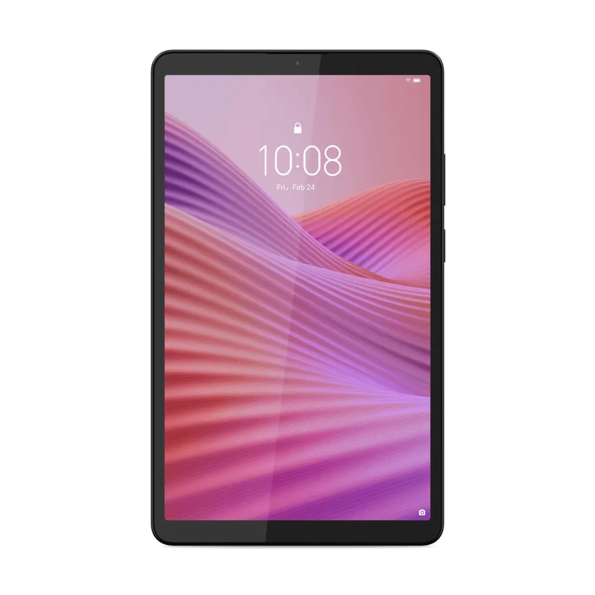 Ein schwarzes Tablet zeigt auf dem Bildschirm ein abstraktes, rosafarbenes Wellenmuster und die Uhrzeit.