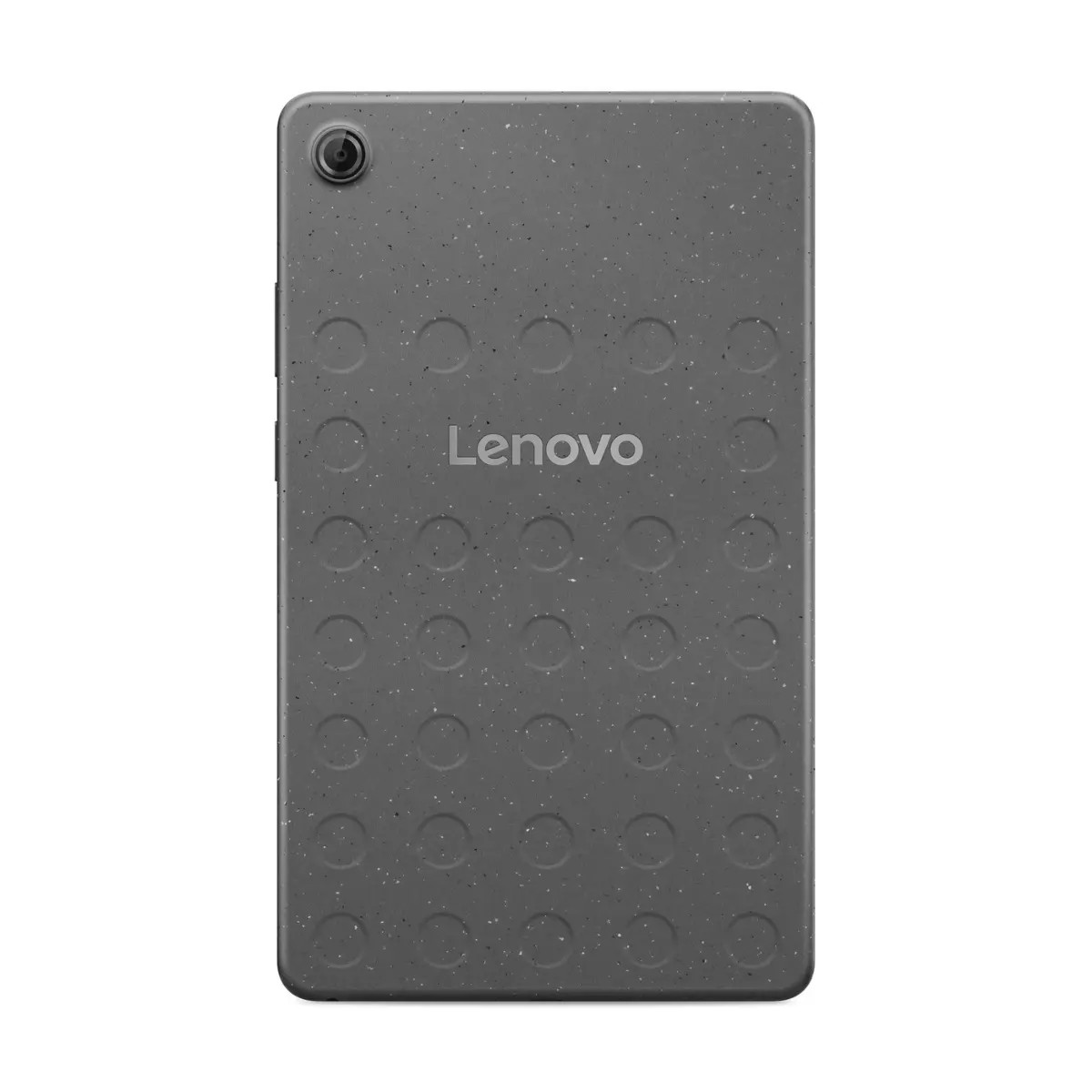 Rückseite eines grauen Lenovo-Tablets mit gesprenkelter Textur, Kreismustern und einer Kamera oben links.