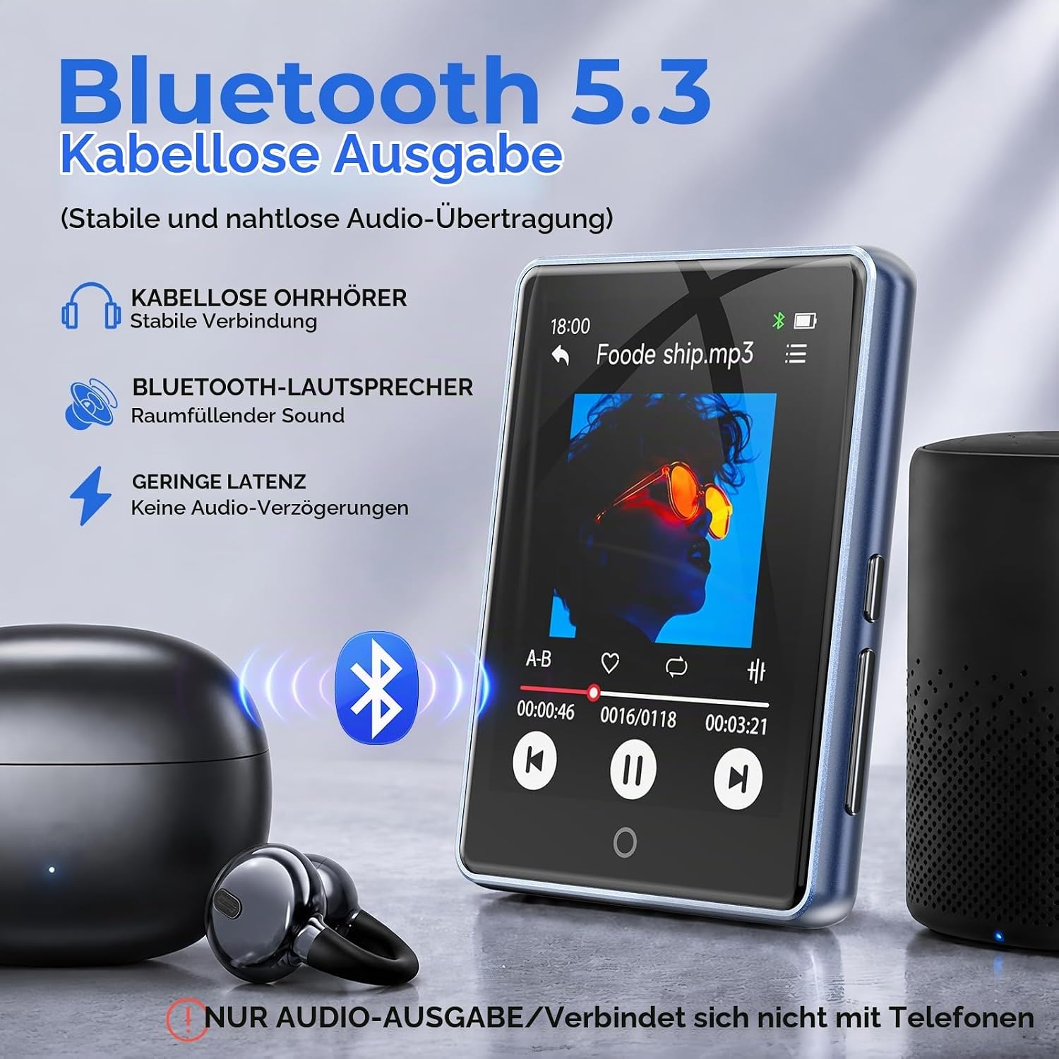 MP3-Player mit Bluetooth 5.3, kabellosen Ohrhörern und Lautsprecher, zeigt die Benutzeroberfläche.