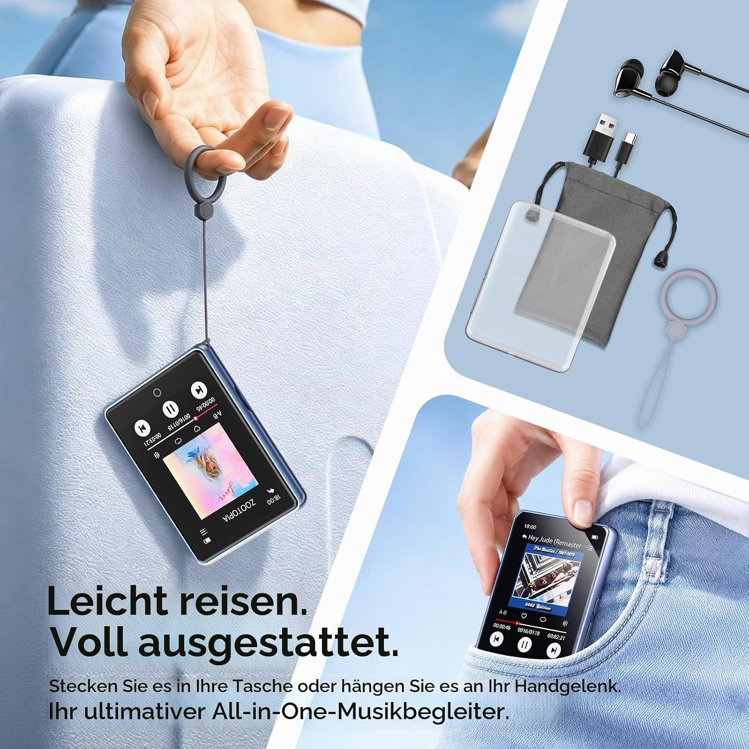 MP3-Player mit Zubehör wie Tasche und Kopfhörern wird am Handgelenk und in der Tasche gezeigt.