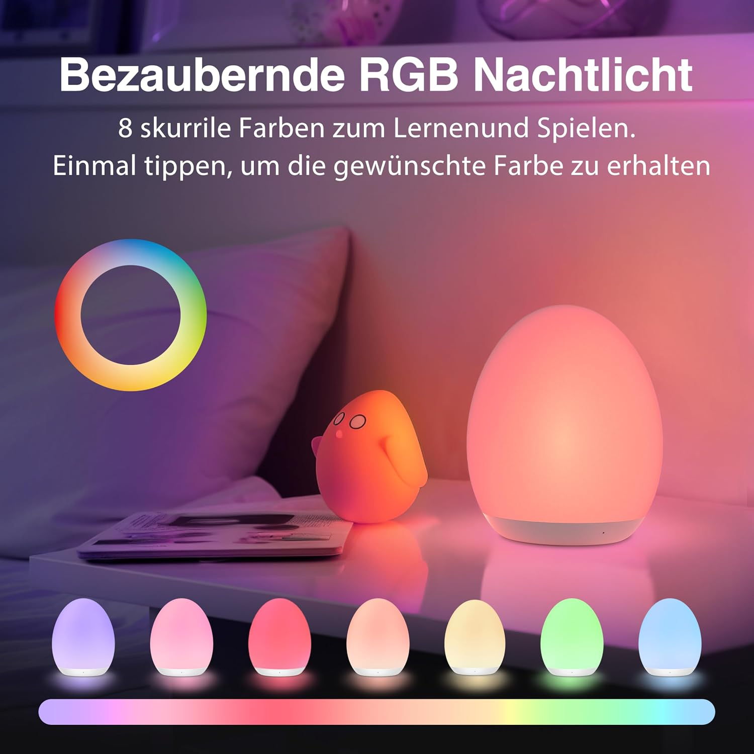 Ein RGB-Nachtlicht in Eiform mit bunten Optionen auf einem Nachttisch.
