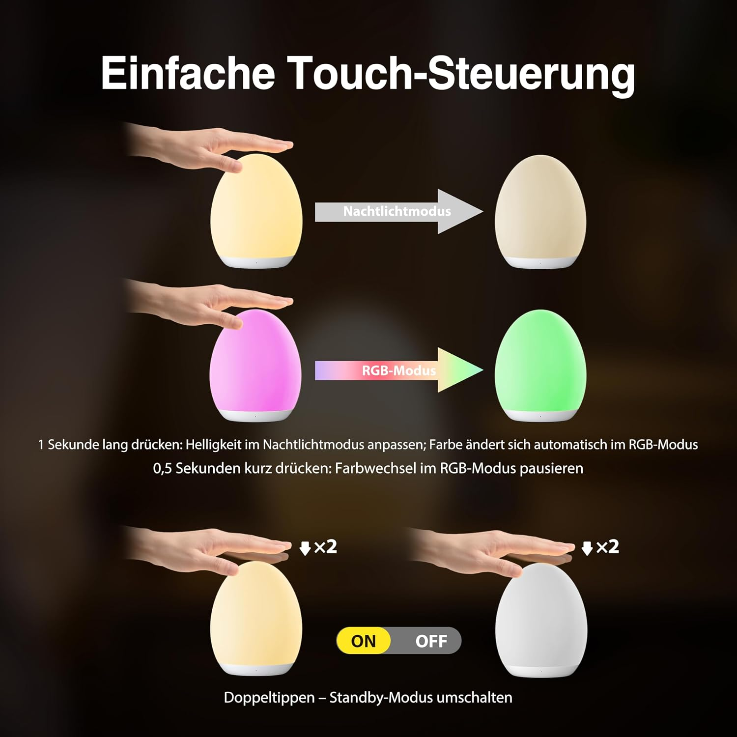 Anleitung zur Touch-Steuerung einer eiförmigen Lampe mit Erklärungen für Nachtlicht, RGB-Modus und Ein/Aus.