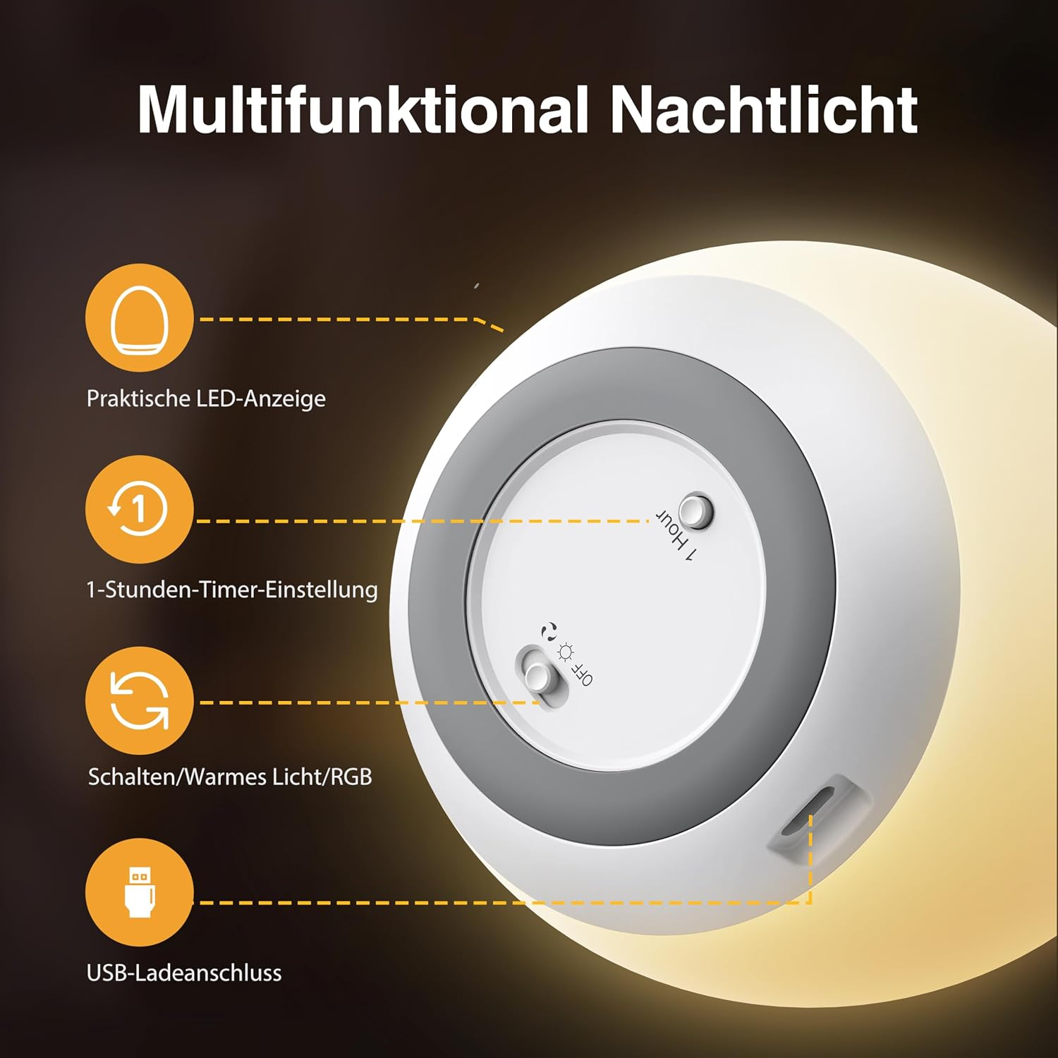 Diagramm zeigt die Unterseite eines runden Nachtlichts mit LED, Timer, Schalter und USB-Anschluss.