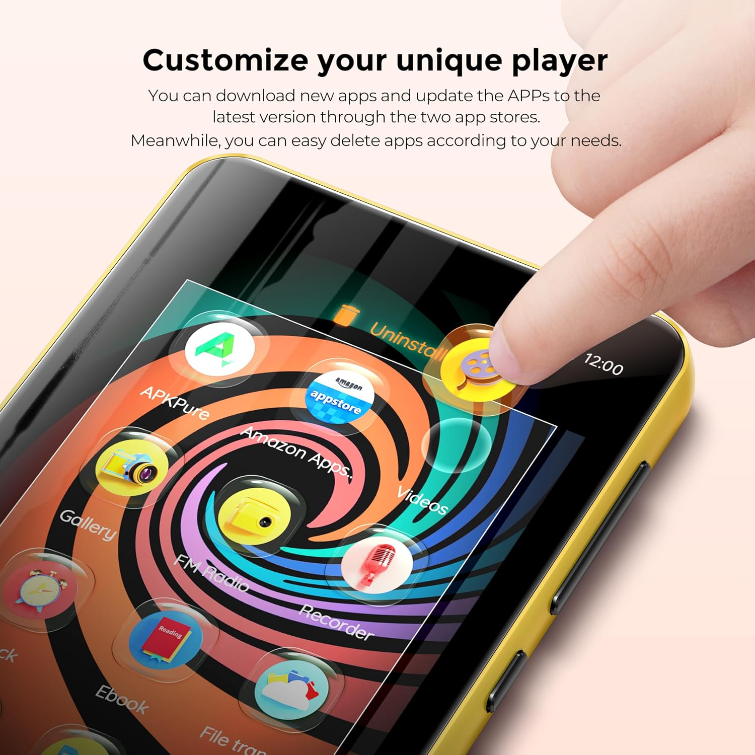 Ein Finger berührt ein gelbes Musikplayer-Display mit bunten App-Symbolen vor einem Strudelhintergrund.