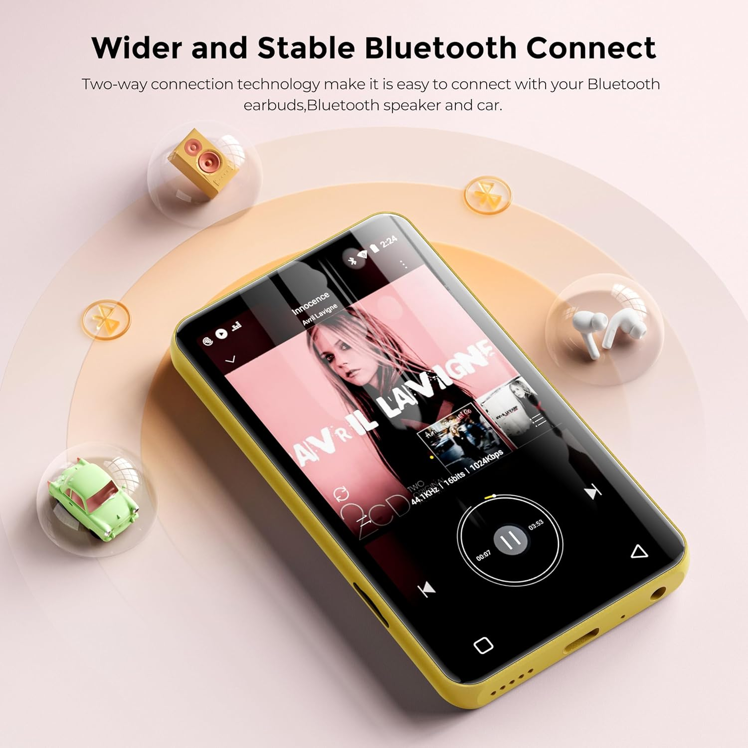 Gelbes Smartphone auf beigem Hintergrund zeigt Musikplayer mit Avril Lavigne Albumcover und Bluetooth Symbolen.