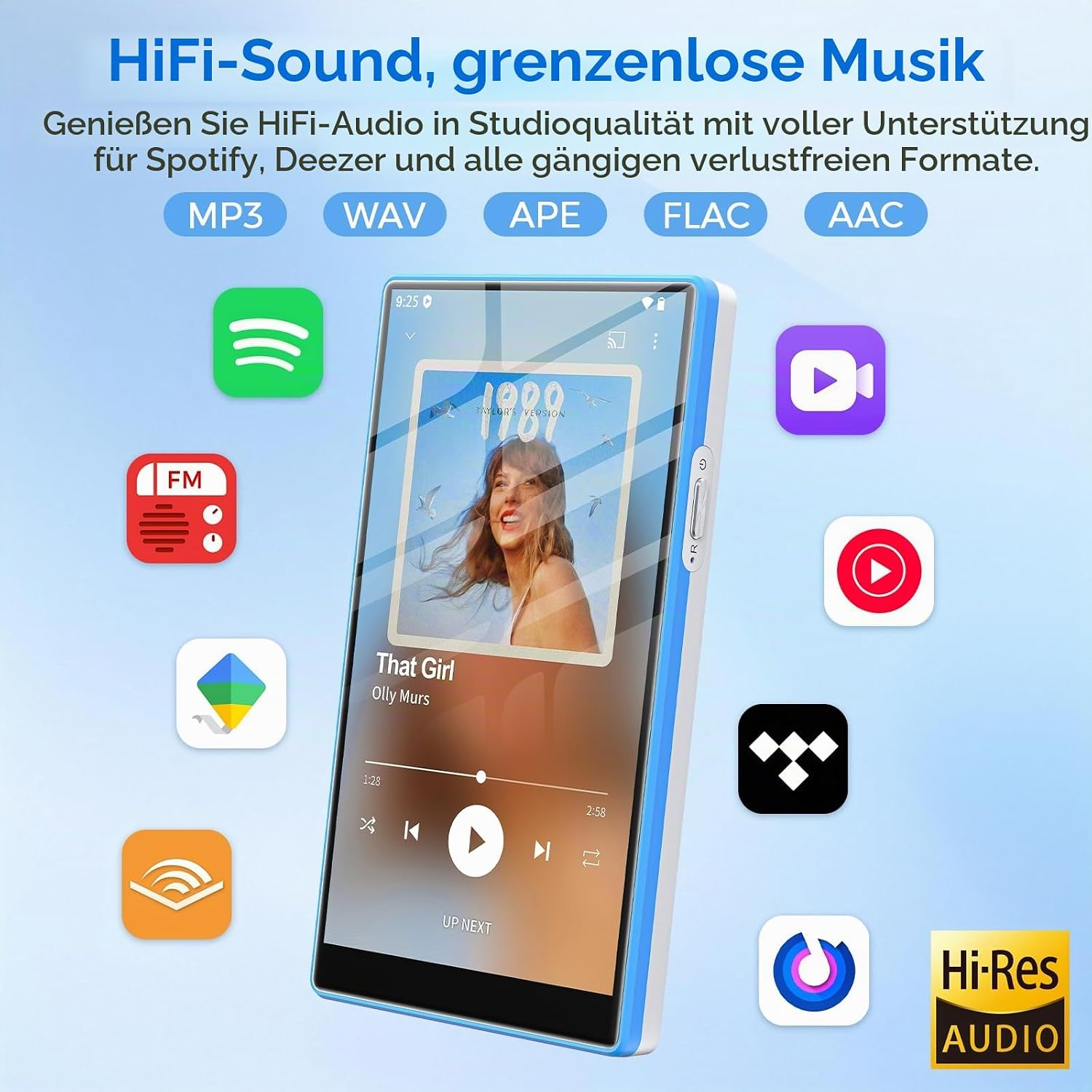 Tragbarer Musikplayer mit Touchscreen, umgeben von verschiedenen App-Icons und Hi-Res-Audio-Logo vor blauem Hintergrund.