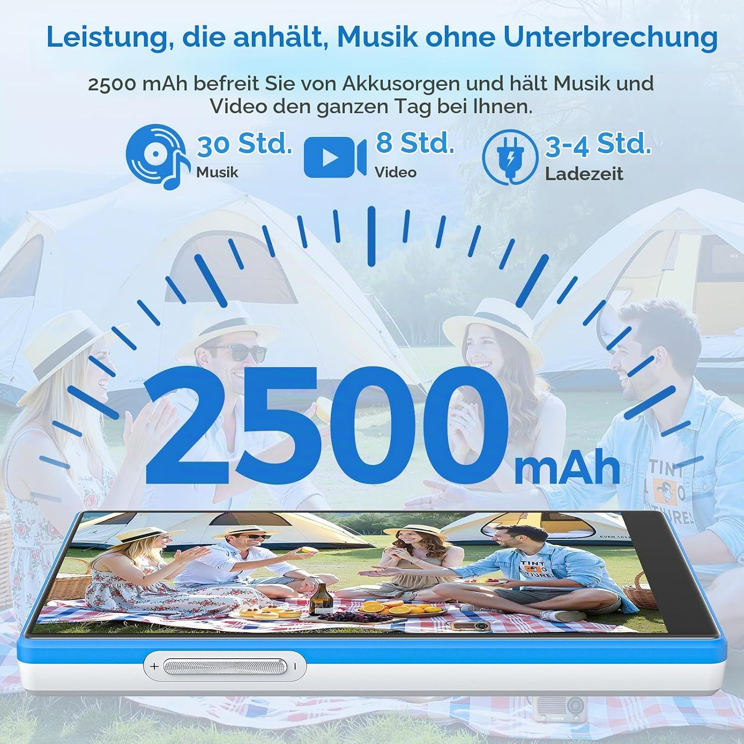 Ein Smartphone mit 2500 mAh Akku zeigt vier Freunde beim Picknick vor Zelten, mit Text zu Laufzeiten.