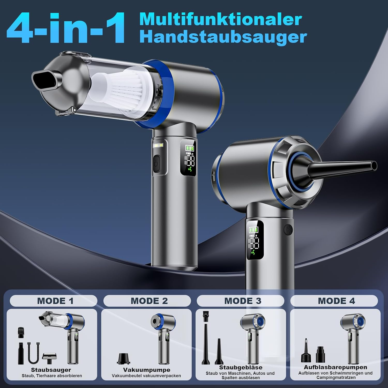 Ein multifunktionaler 4-in-1 Handstaubsauger mit verschiedenen Aufsätzen für vier Betriebsarten.