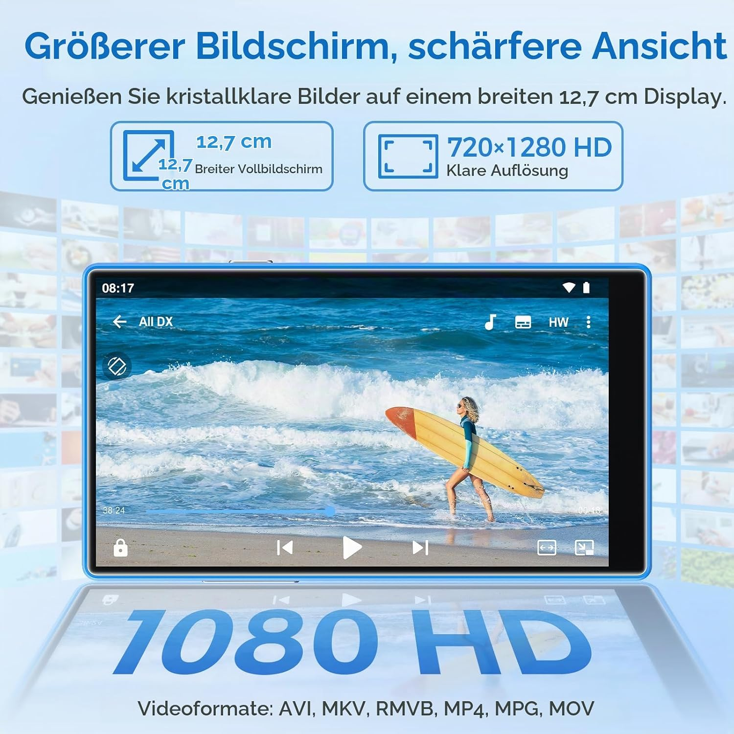 Ein Smartphone zeigt eine Surferin am Strand und wirbt mit einem 12,7 cm großen HD-Bildschirm.