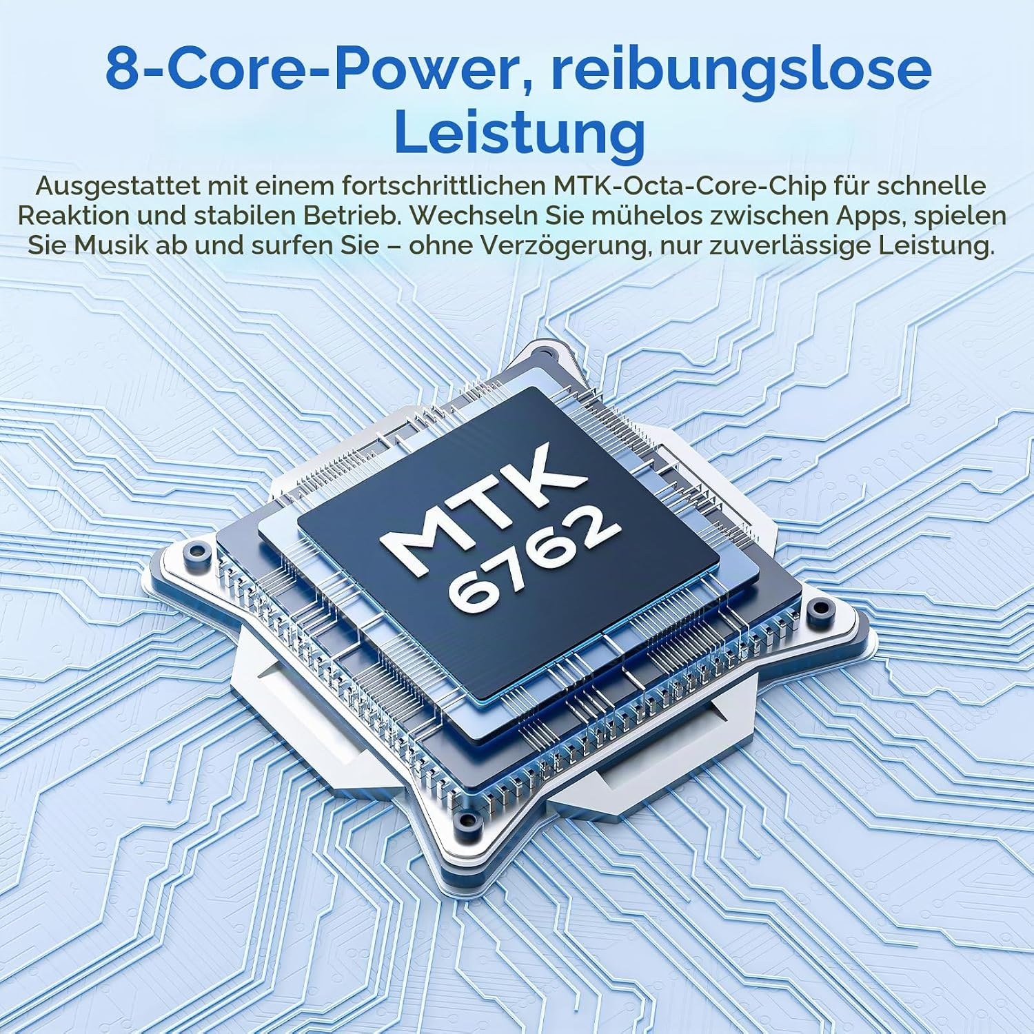MTK 6762 Prozessor auf einer blauen Leiterplatte mit deutschem Text.