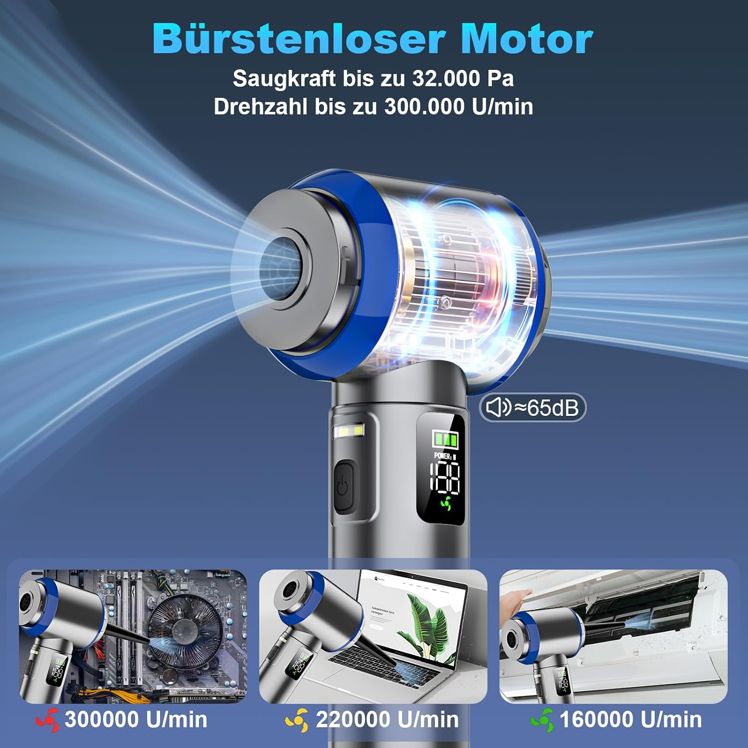 Bürstenloser Motor mit Saugkraft und Drehzahlangaben, darunter Anwendungsbilder für PCs, Laptops und Klimaanlagen.
