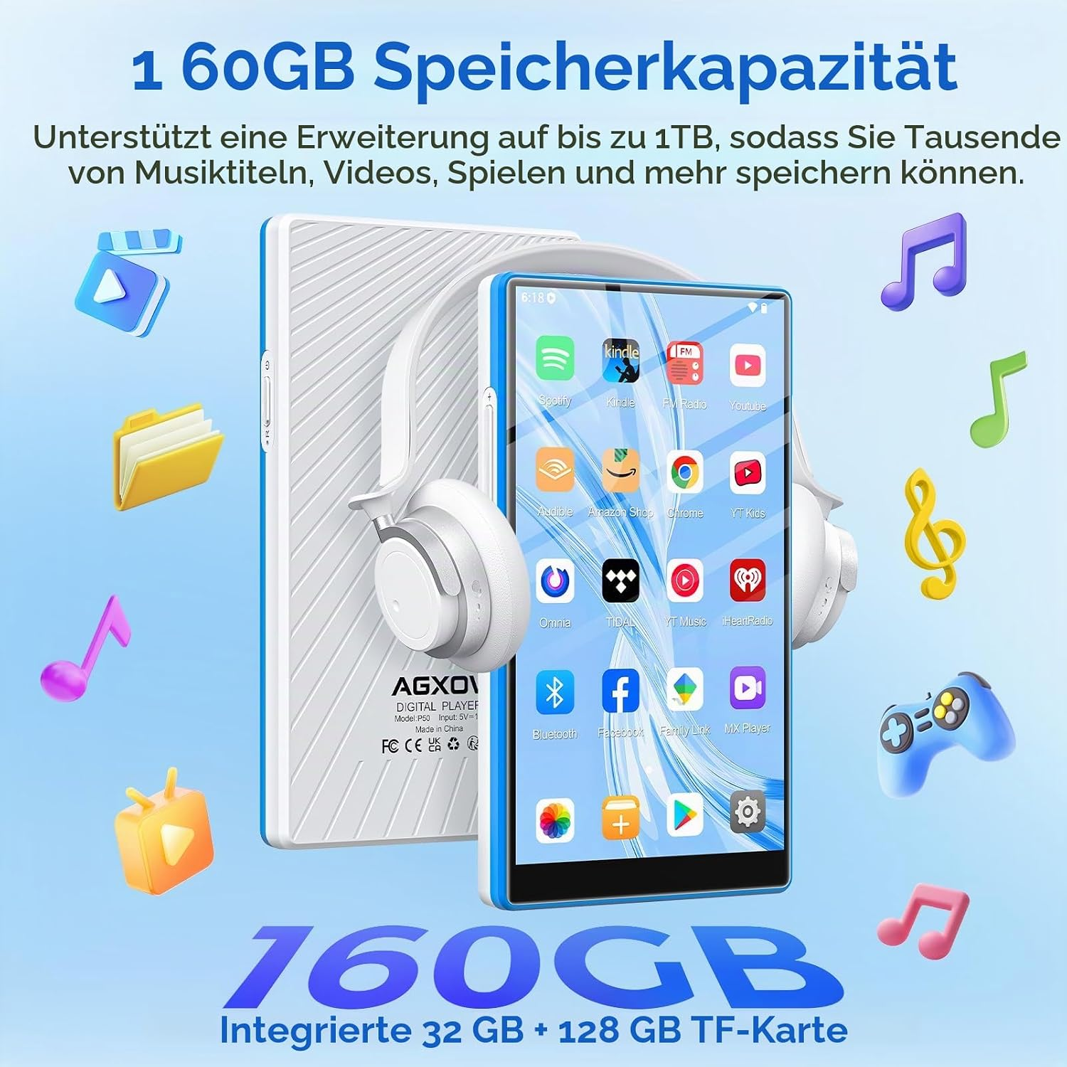 MP3-Player mit Kopfhörern, App-Symbolen auf dem Bildschirm und schwebenden Mediensymbolen.