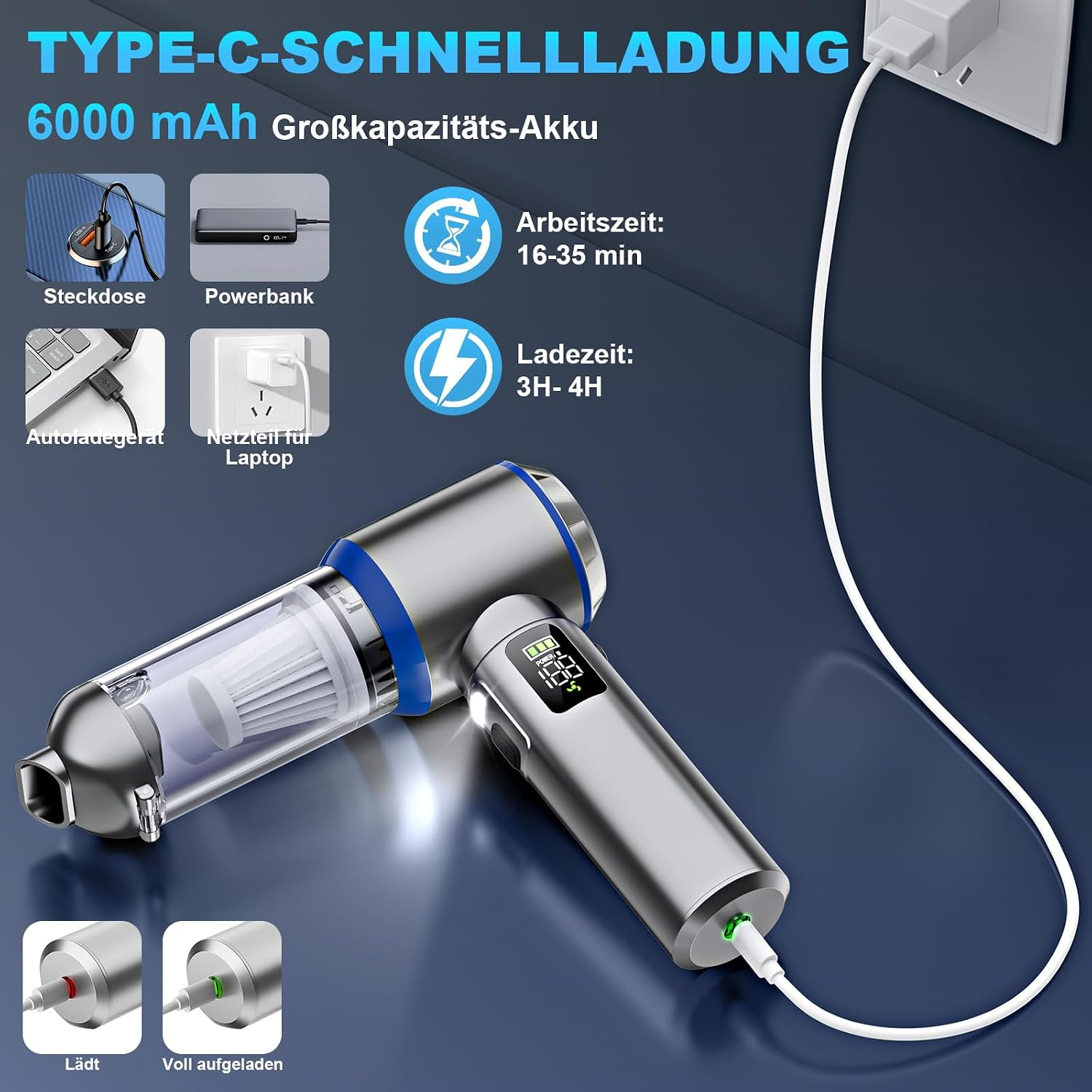Handstaubsauger mit Lade- und Leistungsangaben sowie Zubehör.