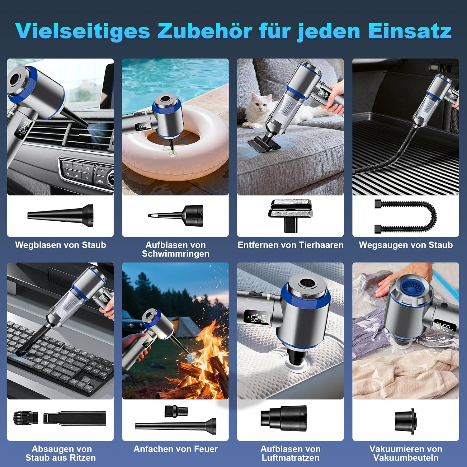Produktübersicht zeigt einen tragbaren Akkusauger mit verschiedenen Aufsätzen für Auto, Haushalt und Outdoor.
