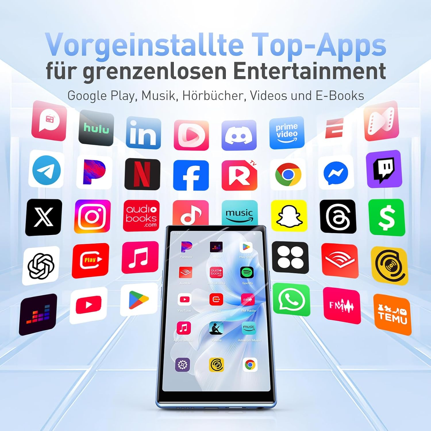 Ein Smartphone im Zentrum, umgeben von schwebenden App-Symbolen auf hellblauem Hintergrund.
