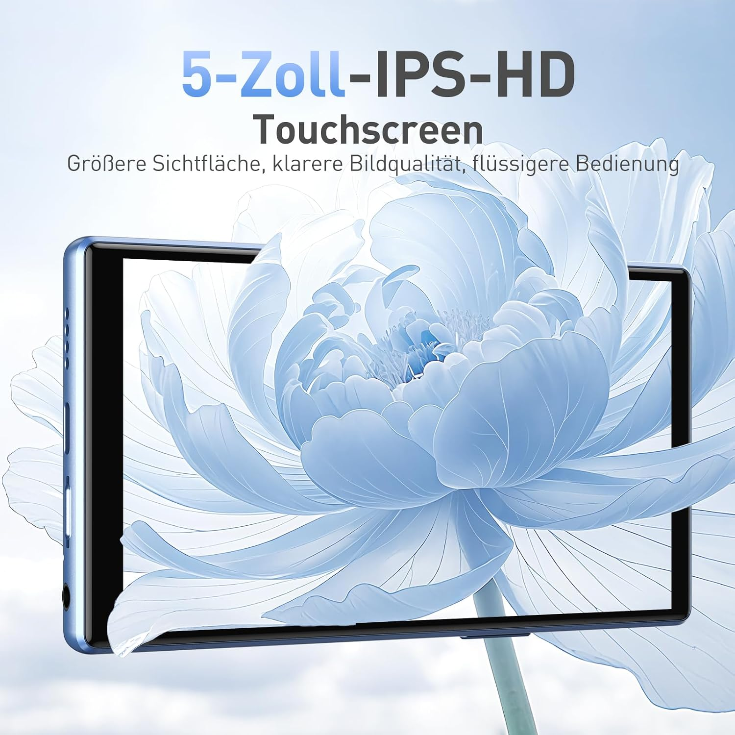 Ein Smartphone mit 5-Zoll-IPS-HD-Touchscreen zeigt eine große, blaue Blume im Hintergrund.