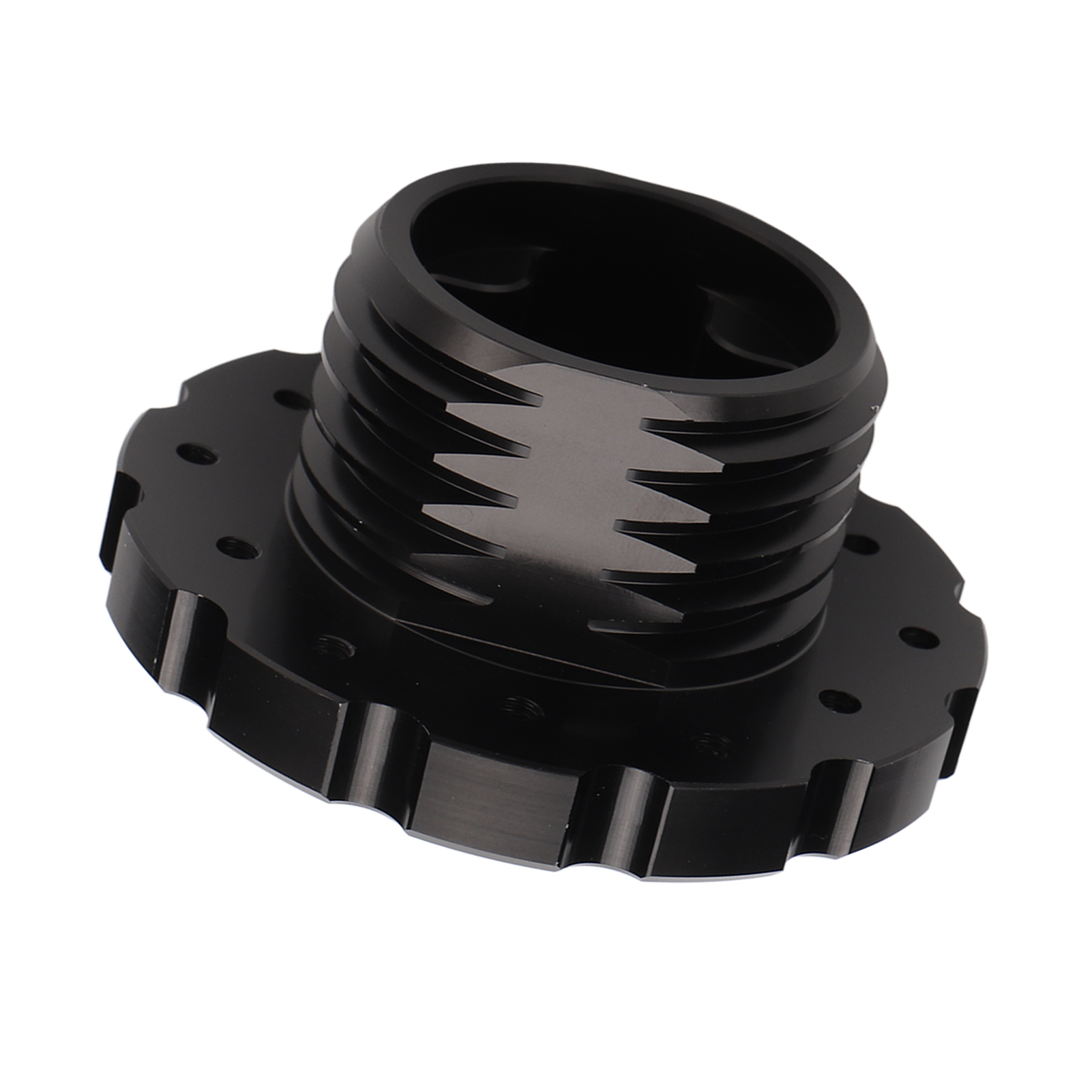 Ein schwarzes Metallteil mit zylindrischem, geripptem Hals und einem breiten Flansch mit Löchern.