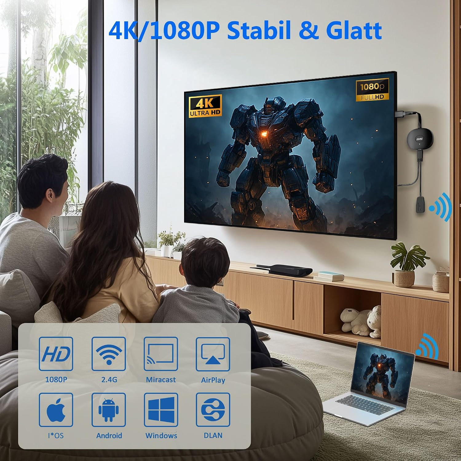 Eine Familie sitzt vor einem großen Fernseher mit einem Roboterbild; unten sind Symbole für 4K und Kompatibilität.