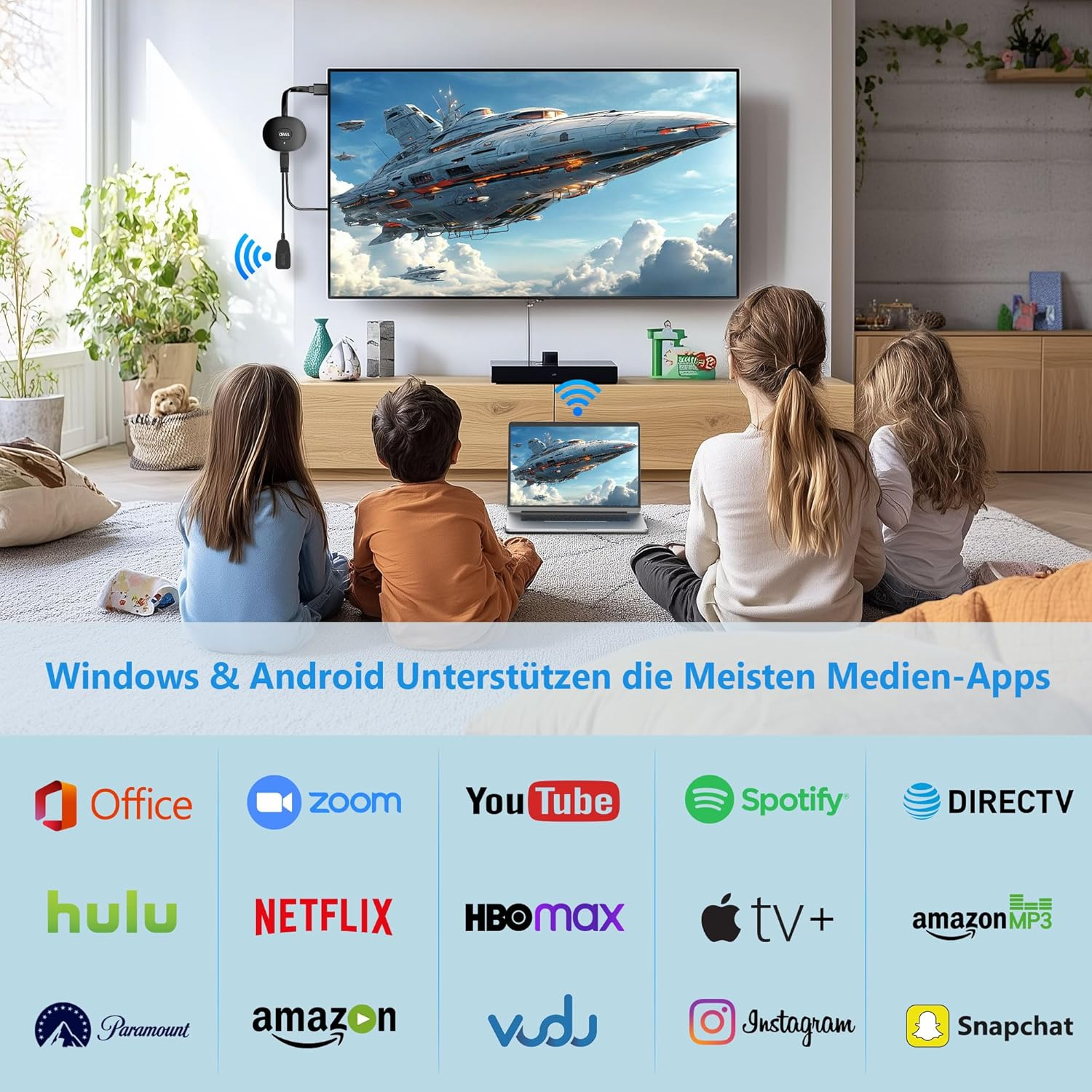 Kinder sitzen auf dem Boden vor einem Fernseher und Laptop, darunter Logos verschiedener Medien-Apps.