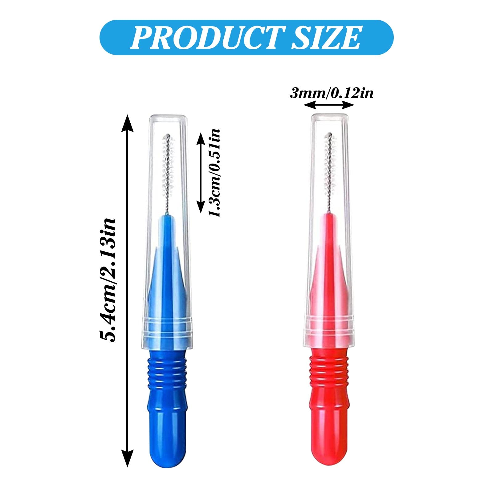 Produktgrößendiagramm zeigt zwei Interdentalbürsten in Blau und Rot mit Maßen.