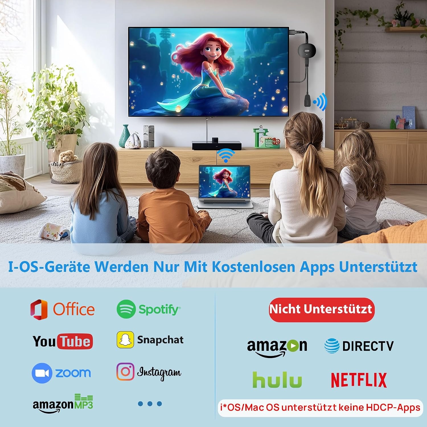 Vier Kinder sitzen auf dem Teppich und schauen auf einen Bildschirm mit einer Meerjungfrau.