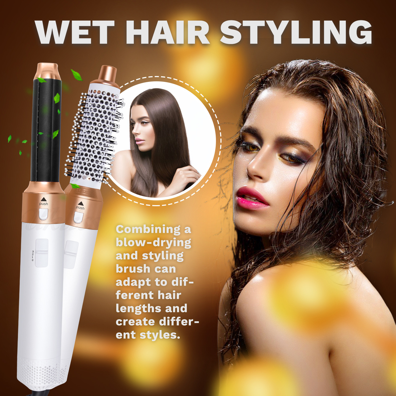 Haarstyling-Gerät mit Bürstenaufsatz und Model mit nassem Haar.