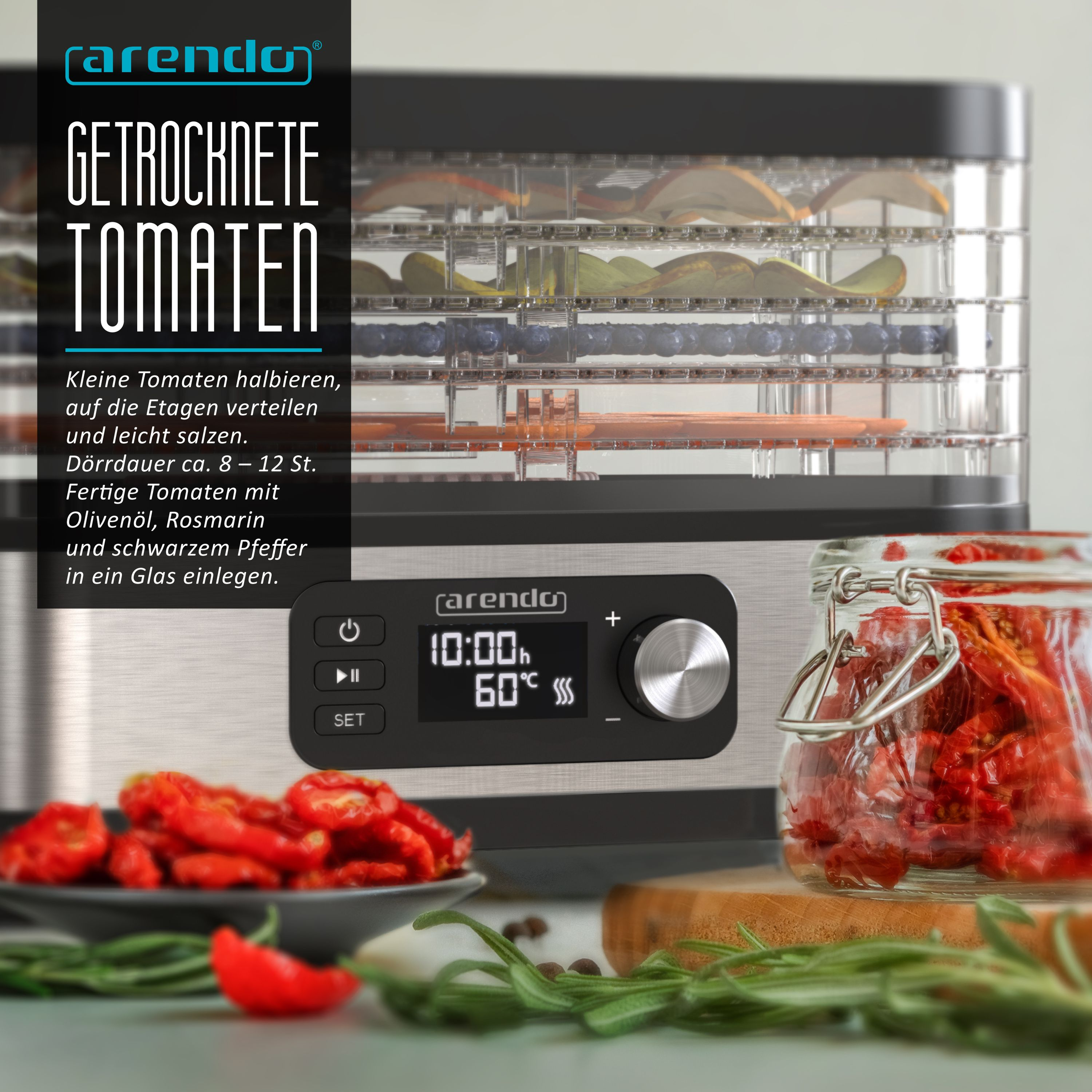 Lebensmitteltrockner mit mehreren Etagen, digitalem Display und getrockneten Tomaten in einem Glas.