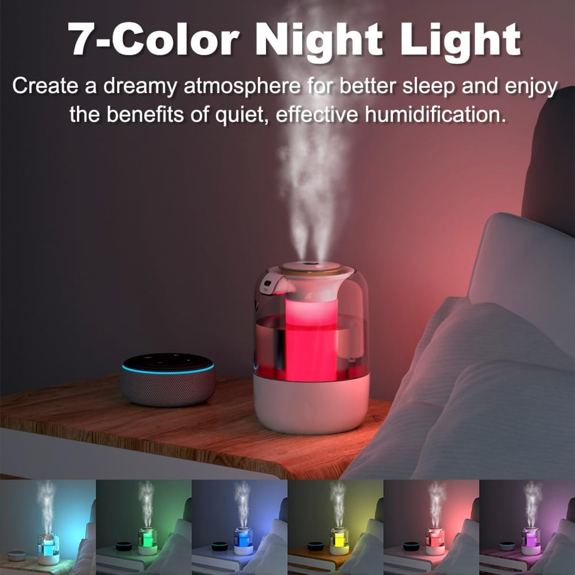 Ein beleuchteter Diffusor auf einem Nachttisch stößt Dampf aus und zeigt verschiedene Farben.