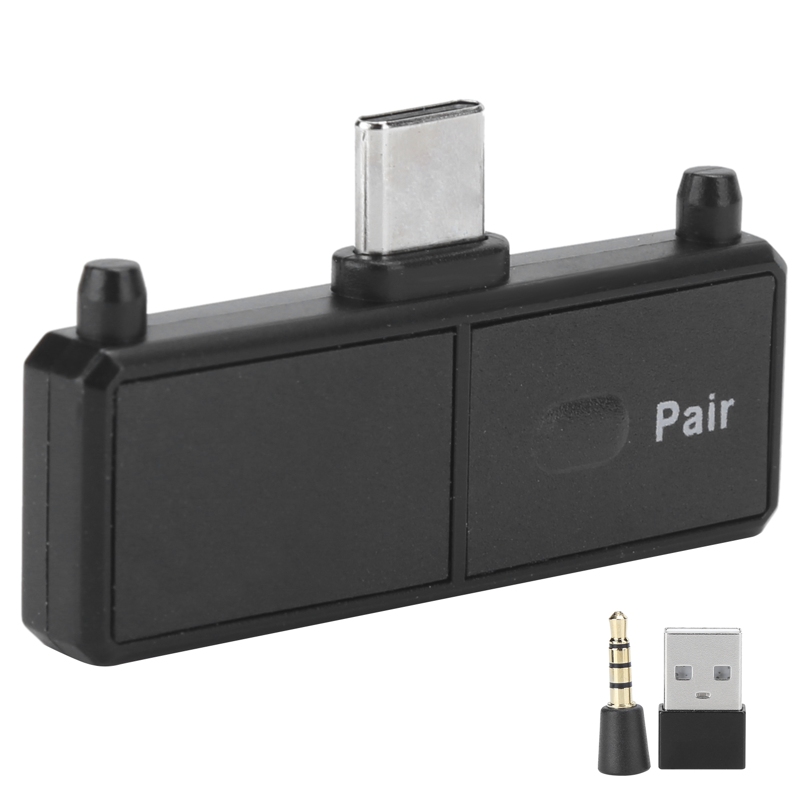 Schwarzer Audioadapter mit Typ-C-Anschluss, Aufschrift Pair und zwei kleinen Pins, mit Mini-Klinken- und USB-Stecker.