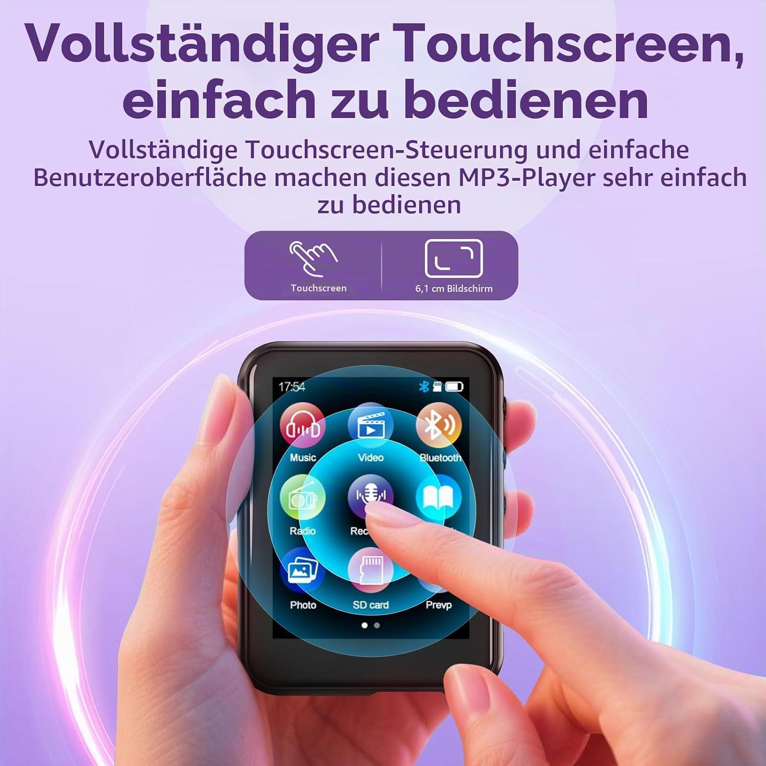 Eine Hand bedient den Touchscreen eines MP3-Players mit kreisförmigem Menü.