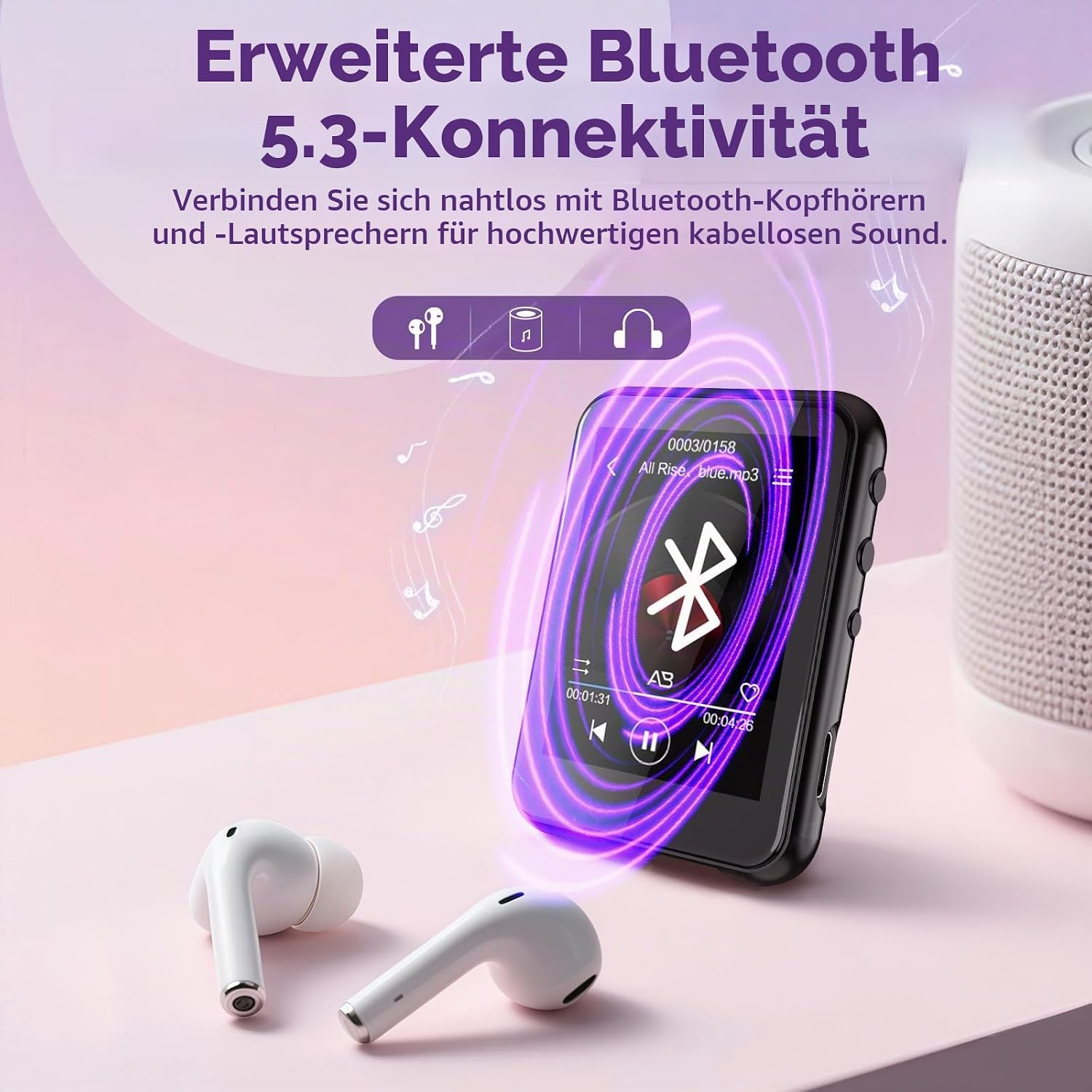 MP3-Player mit Bluetooth-Symbol und Kopfhörern auf rosafarbenem Tisch.