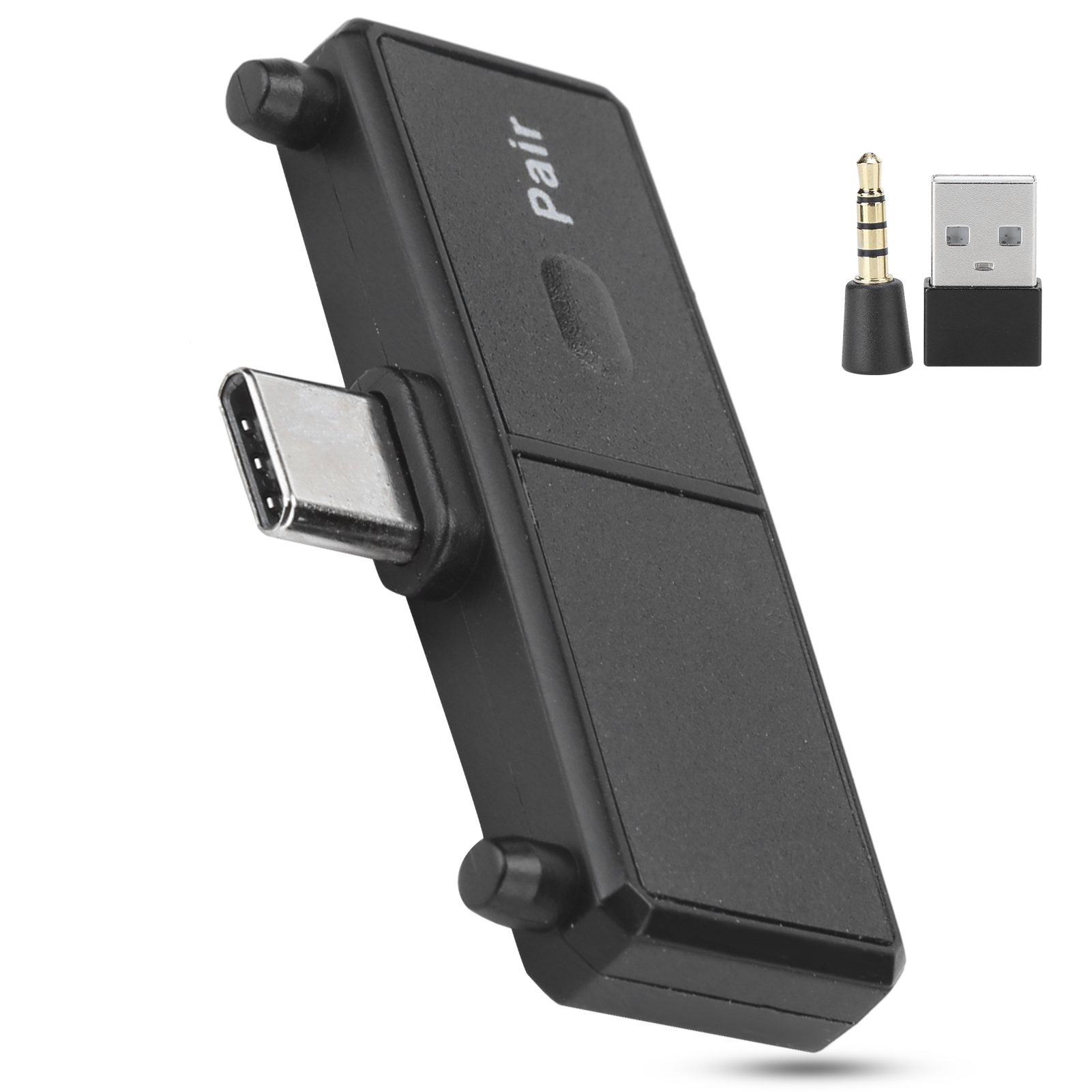 Schwarzer USB-C-Bluetooth-Sender mit Audio-Klinkenadapter und USB-A-Dongle.