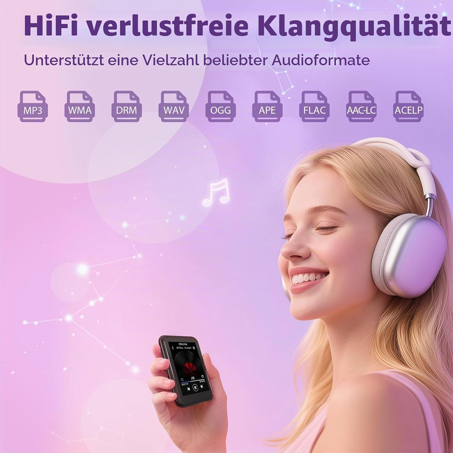 Blaues Werbebild zeigt blonde Frau mit Kopfhörern, die einen MP3-Player hält und Audioformate präsentiert.